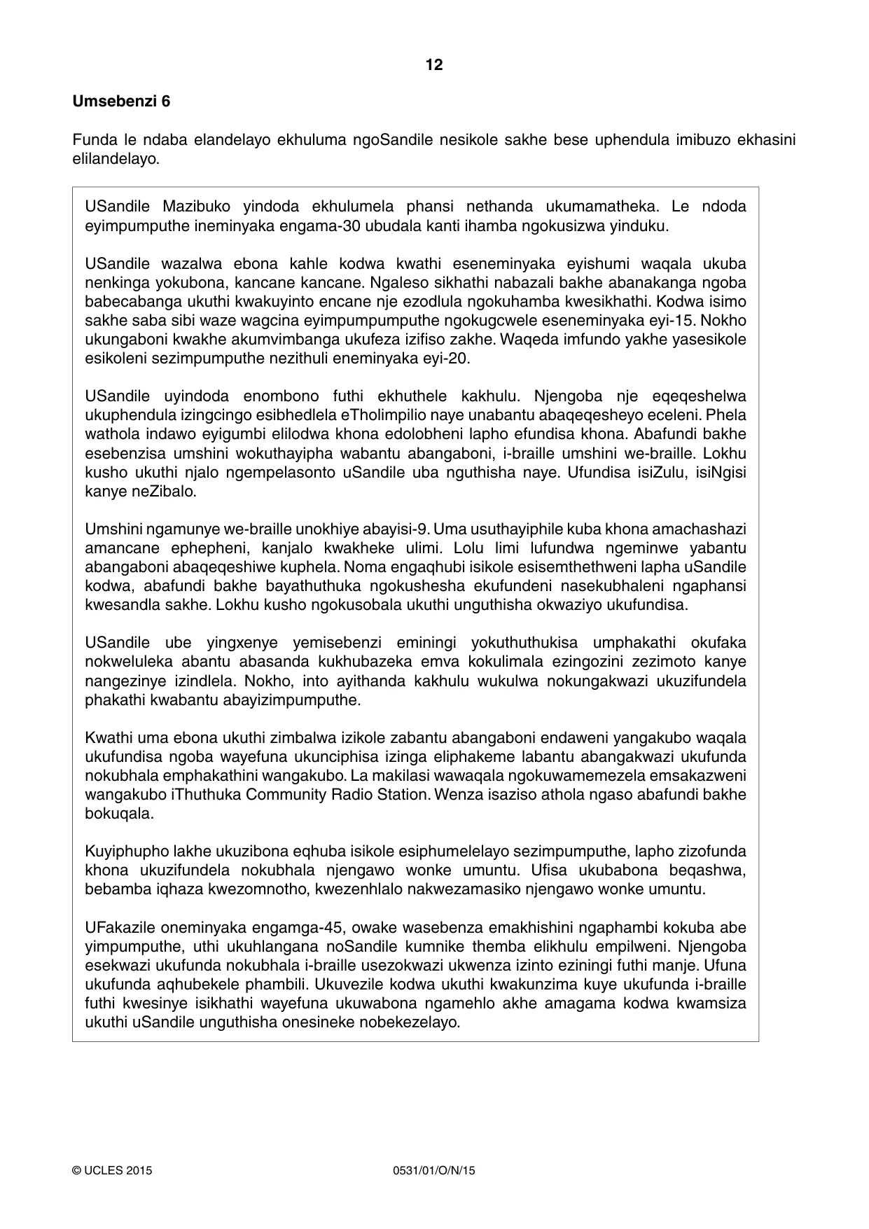 Cambridge IGCSE IsiZulu as a Second Language 0531 2015 Oct/Nov Paper 1 · Variant 1 question paper, page 12 of 20