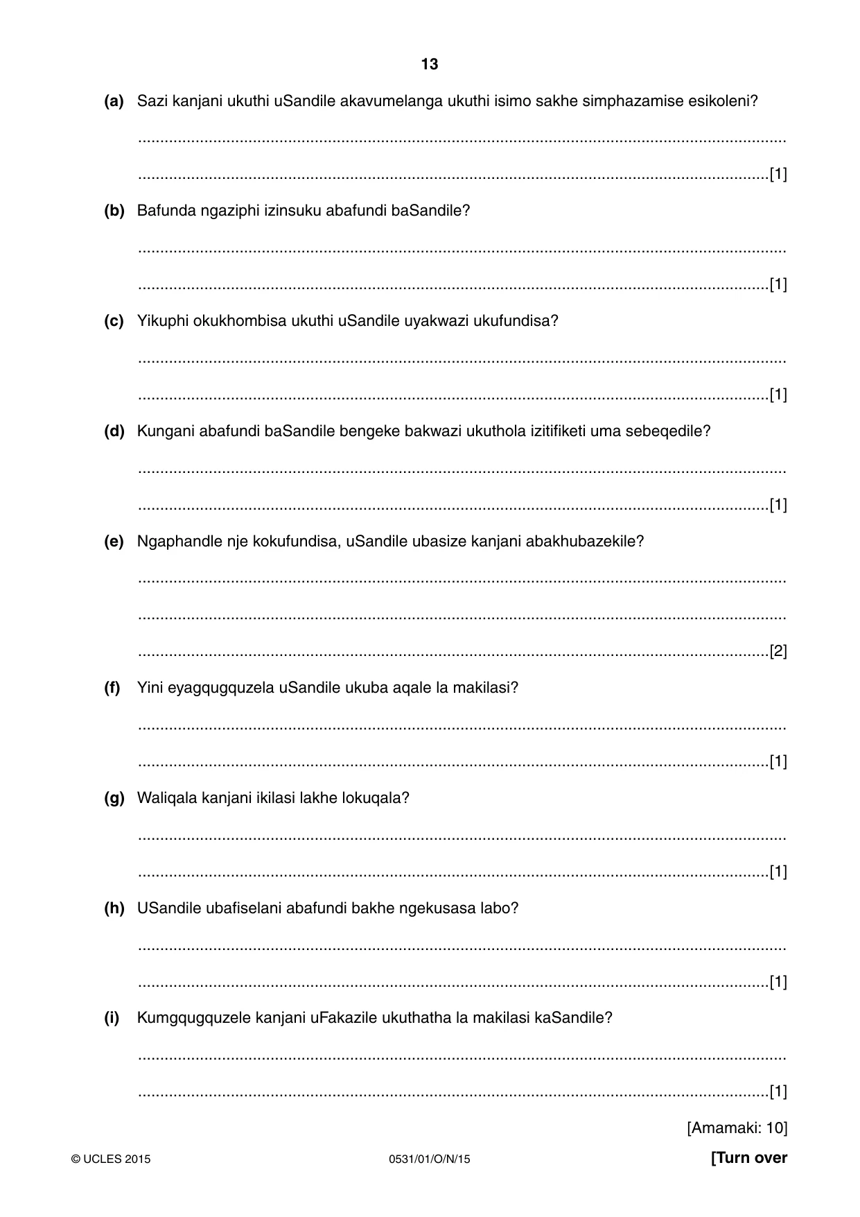 Cambridge IGCSE IsiZulu as a Second Language 0531 2015 Oct/Nov Paper 1 · Variant 1 question paper, page 13 of 20