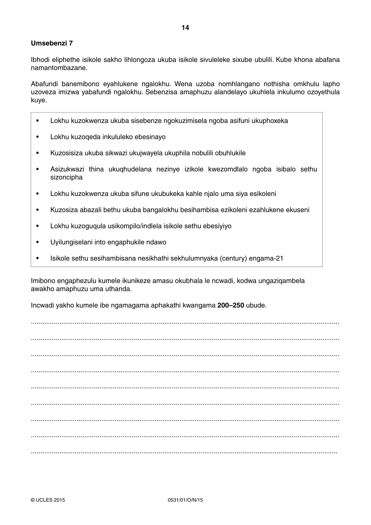 Cambridge IGCSE IsiZulu as a Second Language 0531 2015 Oct/Nov Paper 1 · Variant 1 question paper, page 14 of 20