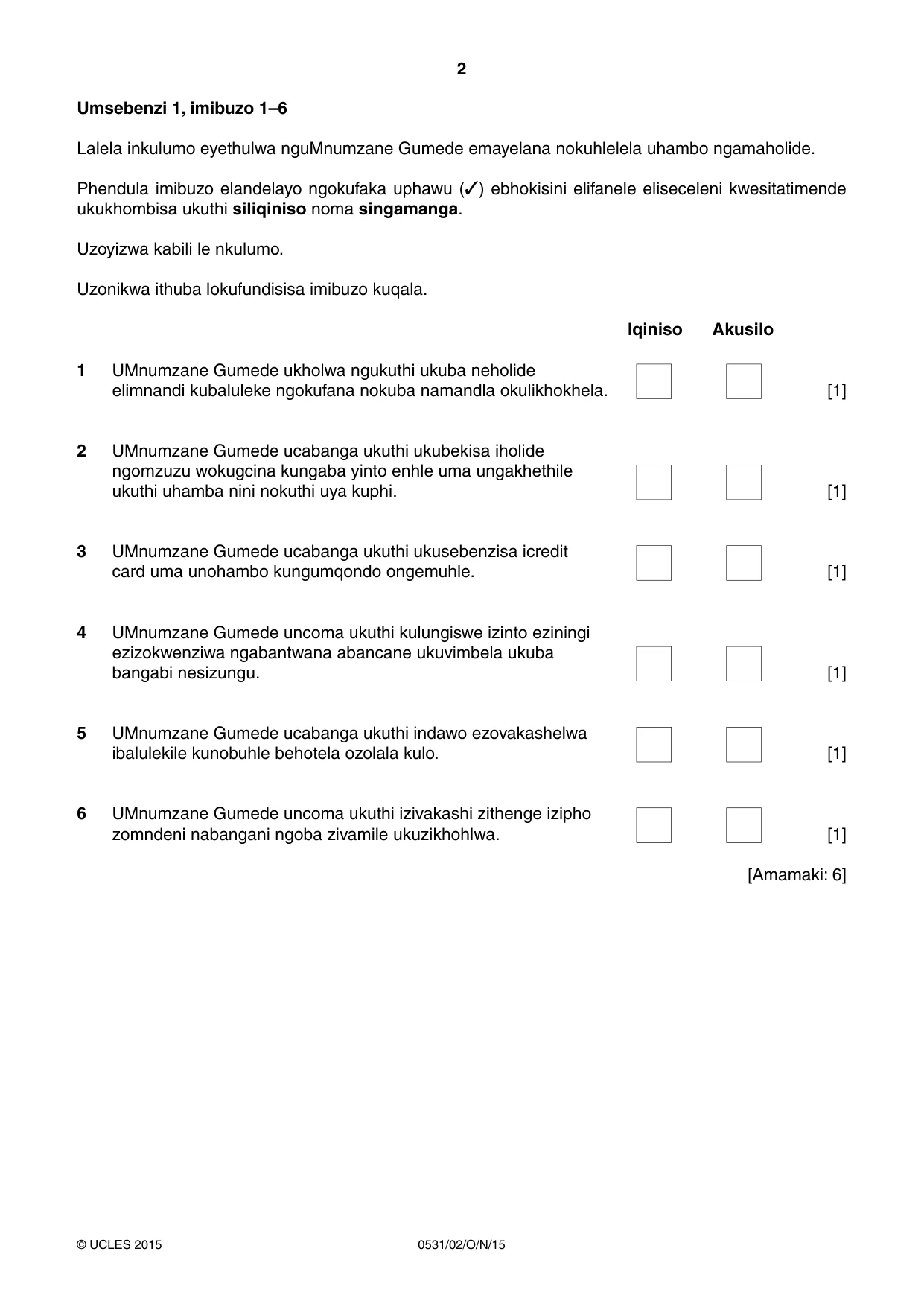 Cambridge IGCSE IsiZulu as a Second Language 0531 2015 Oct/Nov Paper 2 · Variant 1 question paper, page 2 of 8