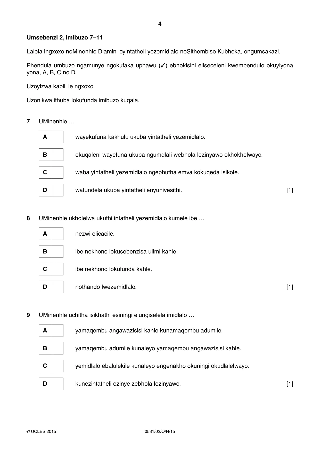 Cambridge IGCSE IsiZulu as a Second Language 0531 2015 Oct/Nov Paper 2 · Variant 1 question paper, page 4 of 8