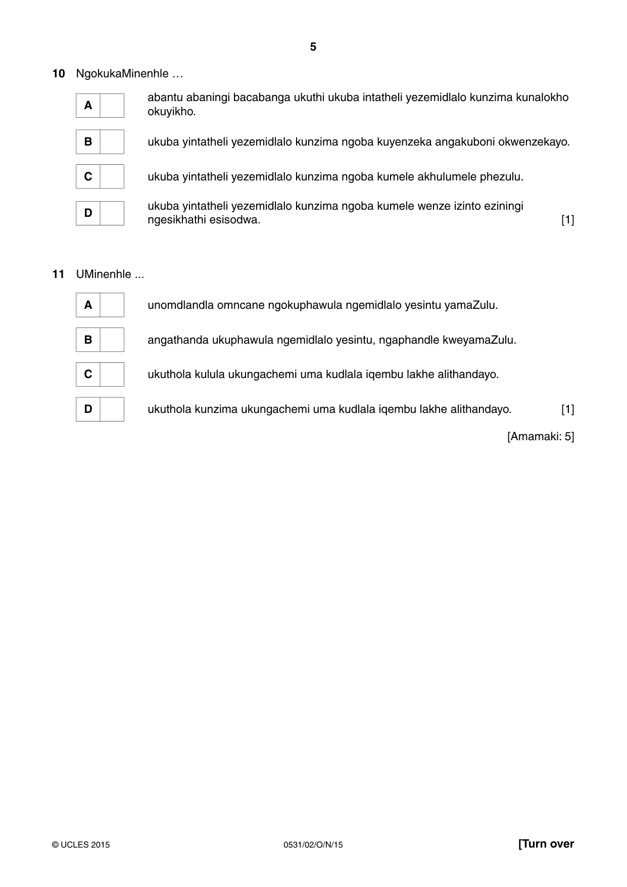 Cambridge IGCSE IsiZulu as a Second Language 0531 2015 Oct/Nov Paper 2 · Variant 1 question paper, page 5 of 8