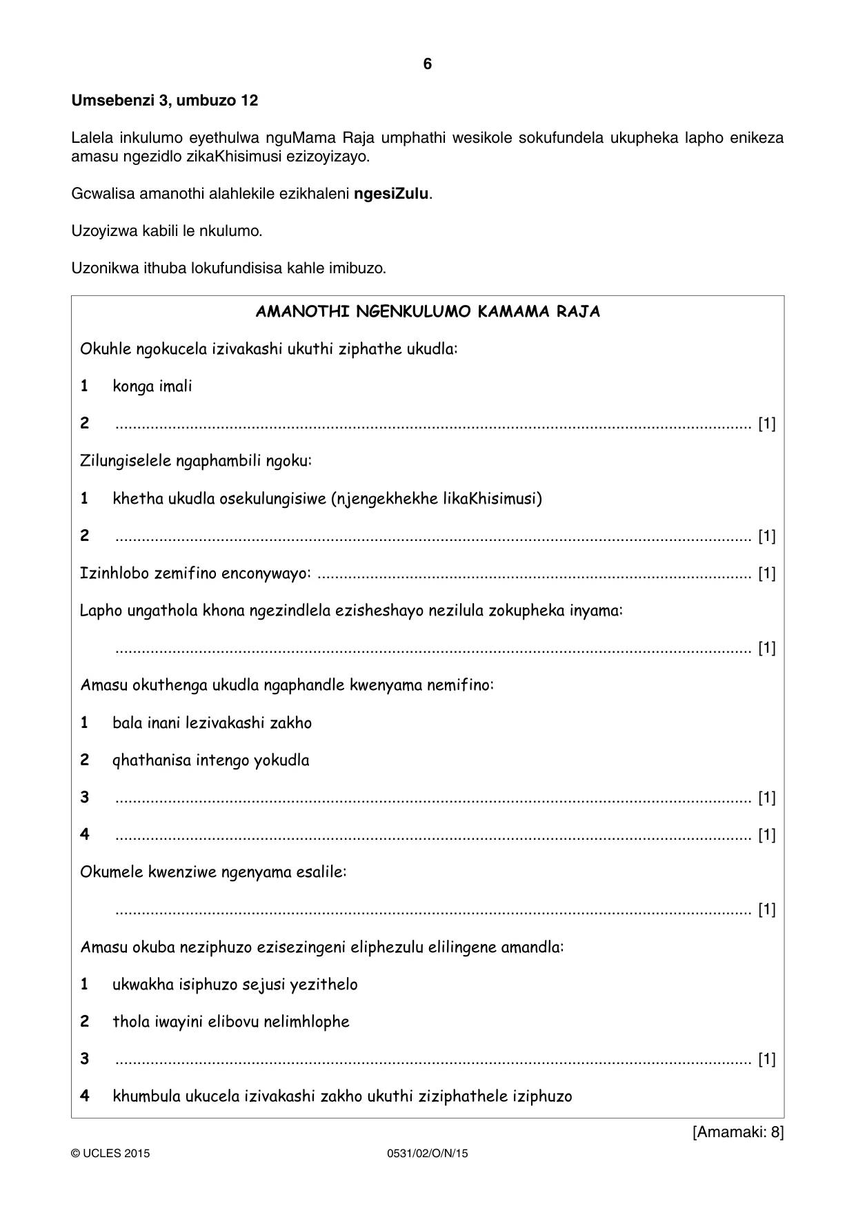 Cambridge IGCSE IsiZulu as a Second Language 0531 2015 Oct/Nov Paper 2 · Variant 1 question paper, page 6 of 8