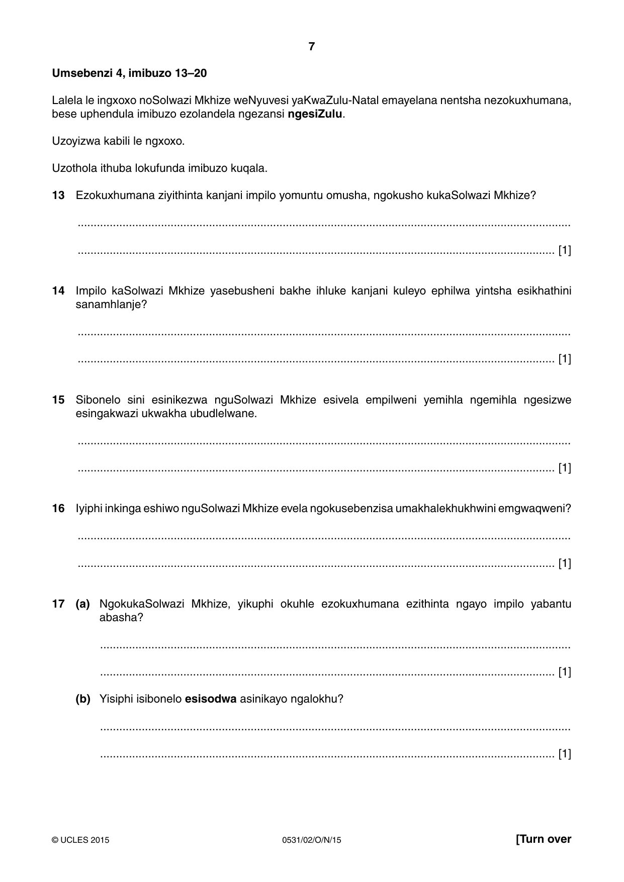 Cambridge IGCSE IsiZulu as a Second Language 0531 2015 Oct/Nov Paper 2 · Variant 1 question paper, page 7 of 8