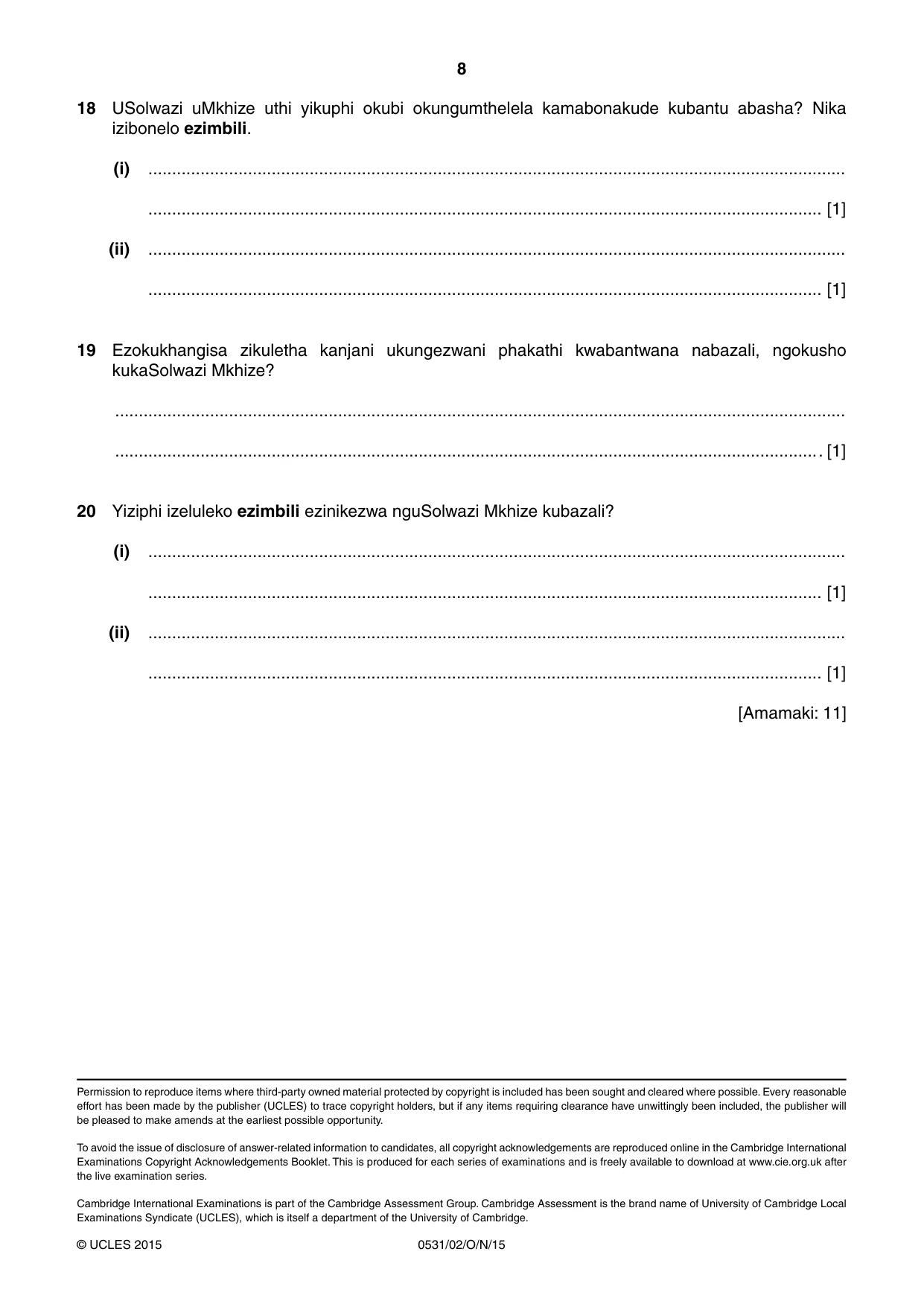 Cambridge IGCSE IsiZulu as a Second Language 0531 2015 Oct/Nov Paper 2 · Variant 1 question paper, page 8 of 8