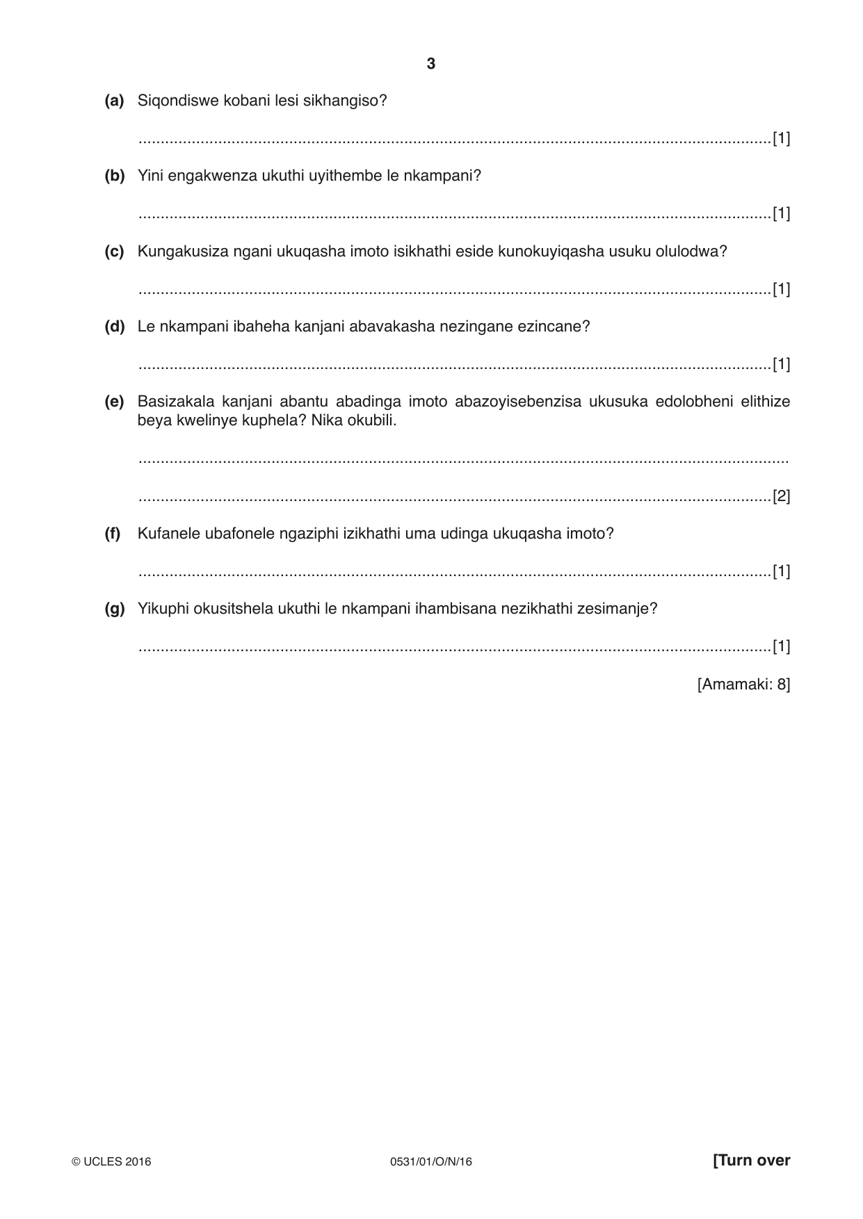 Cambridge IGCSE IsiZulu as a Second Language 0531 2016 Oct/Nov Paper 1 · Variant 1 question paper, page 3 of 20