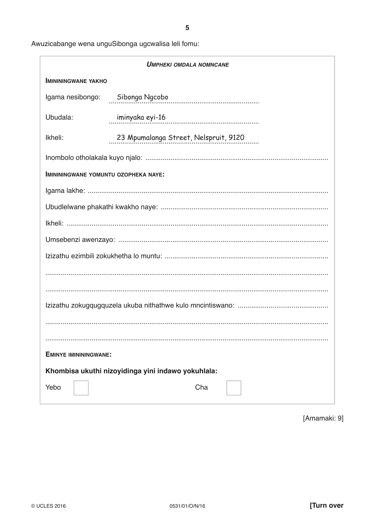 Cambridge IGCSE IsiZulu as a Second Language 0531 2016 Oct/Nov Paper 1 · Variant 1 question paper, page 5 of 20