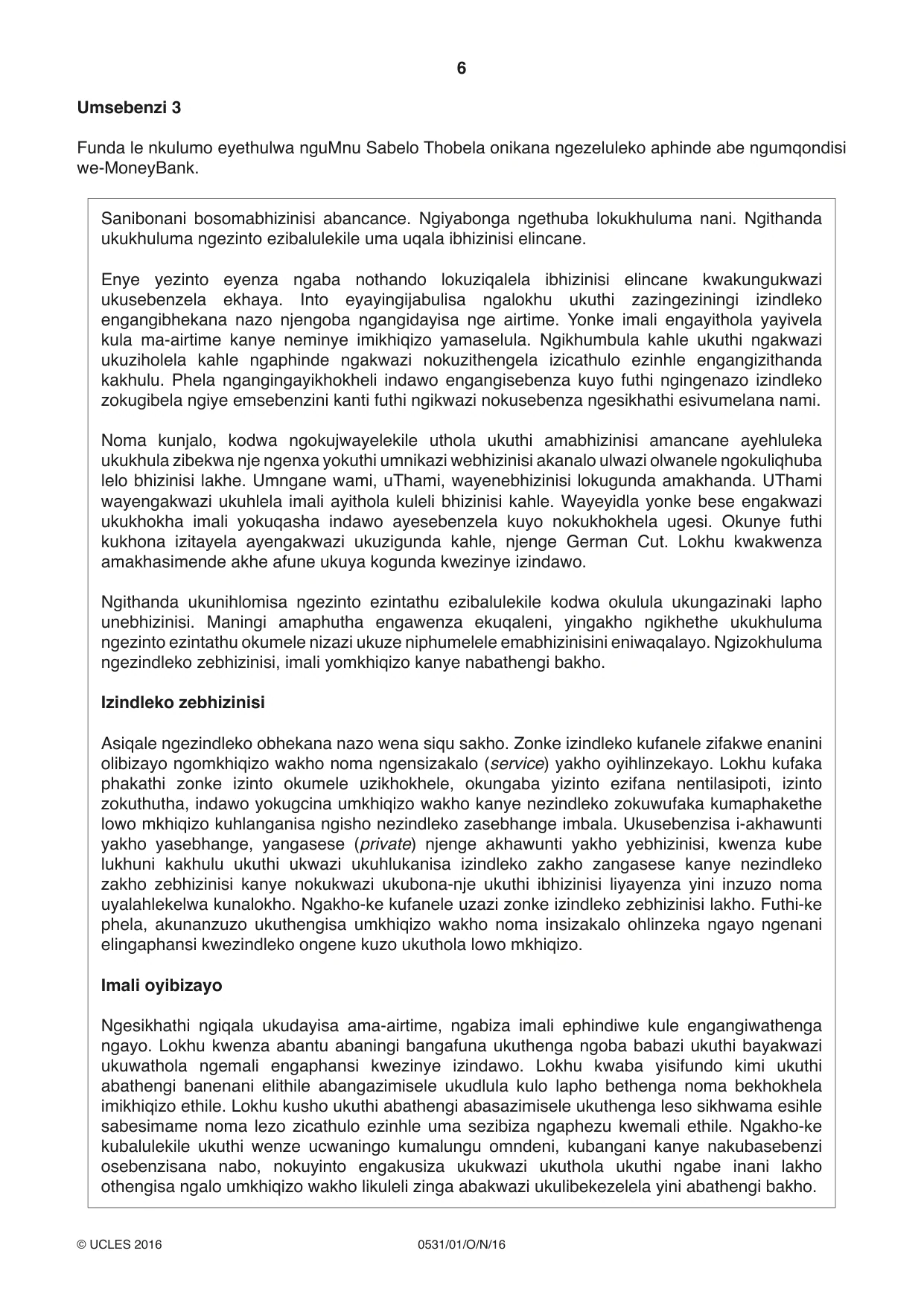 Cambridge IGCSE IsiZulu as a Second Language 0531 2016 Oct/Nov Paper 1 · Variant 1 question paper, page 6 of 20