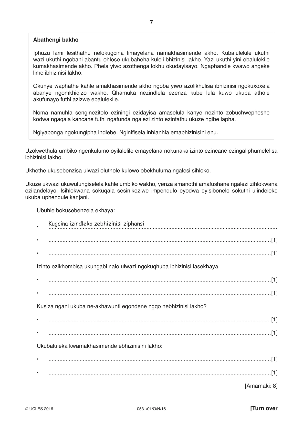 Cambridge IGCSE IsiZulu as a Second Language 0531 2016 Oct/Nov Paper 1 · Variant 1 question paper, page 7 of 20