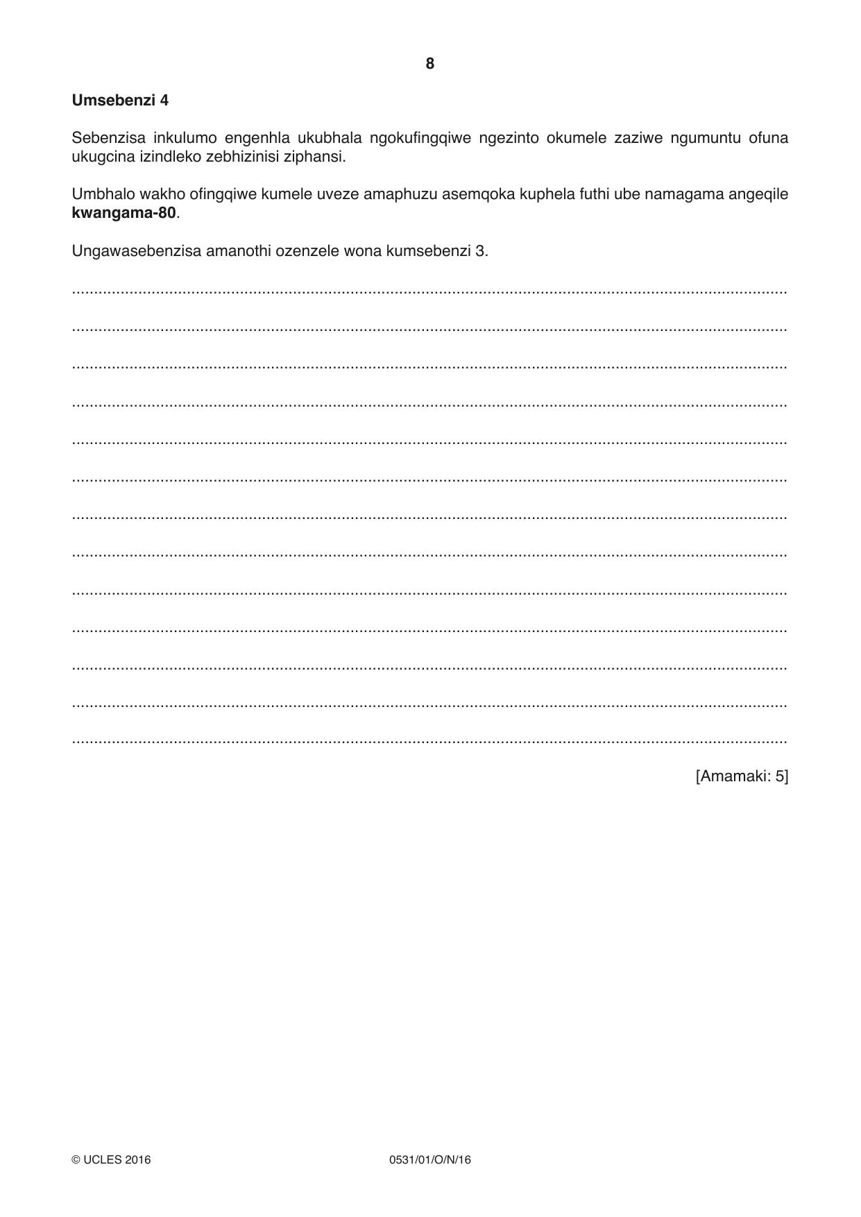 Cambridge IGCSE IsiZulu as a Second Language 0531 2016 Oct/Nov Paper 1 · Variant 1 question paper, page 8 of 20