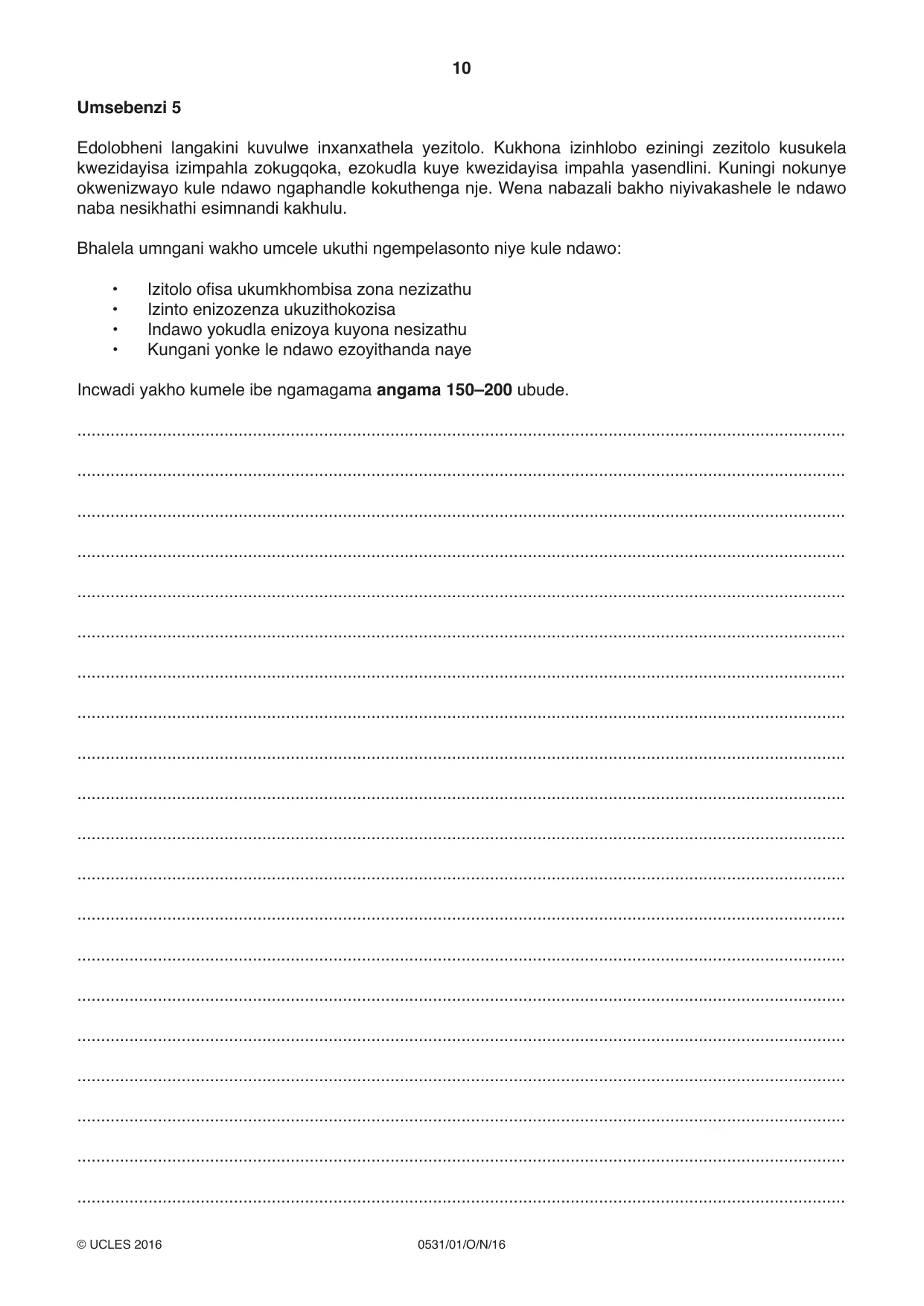 Cambridge IGCSE IsiZulu as a Second Language 0531 2016 Oct/Nov Paper 1 · Variant 1 question paper, page 10 of 20