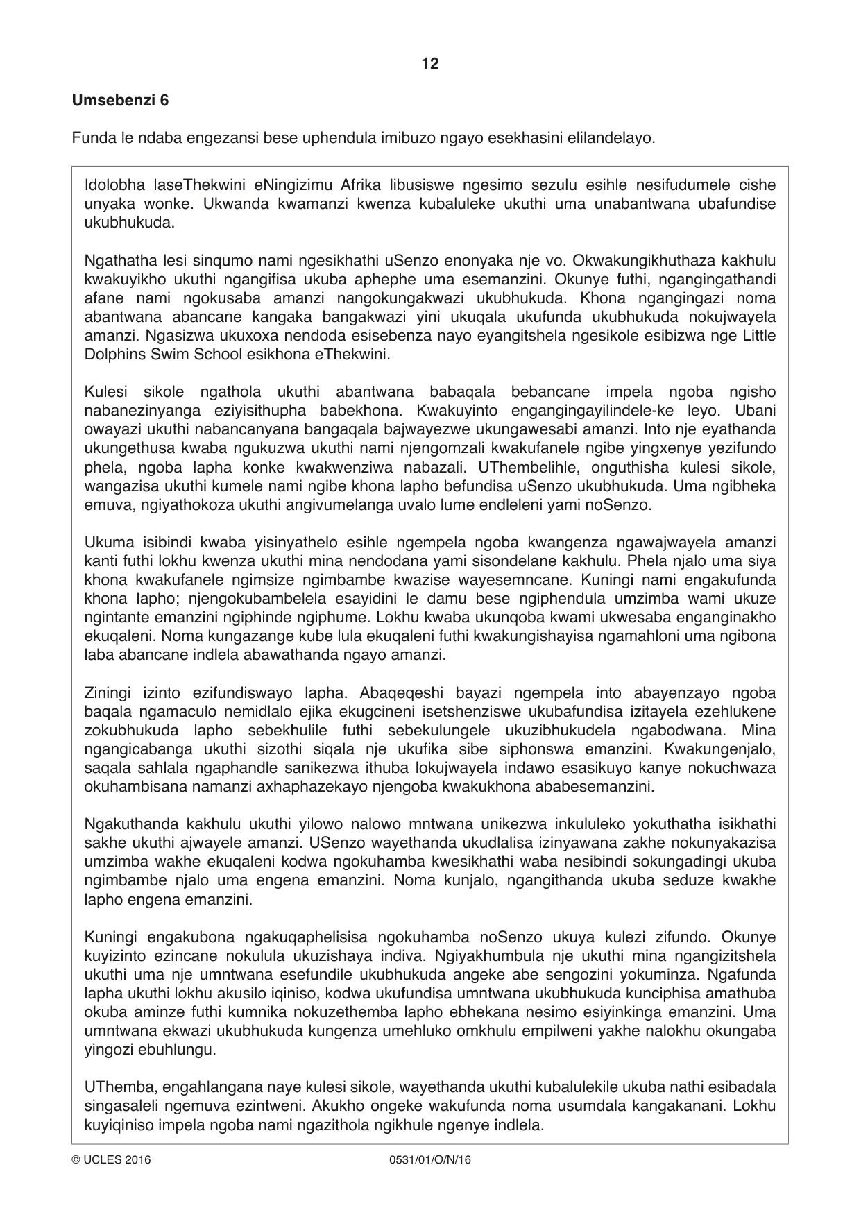 Cambridge IGCSE IsiZulu as a Second Language 0531 2016 Oct/Nov Paper 1 · Variant 1 question paper, page 12 of 20