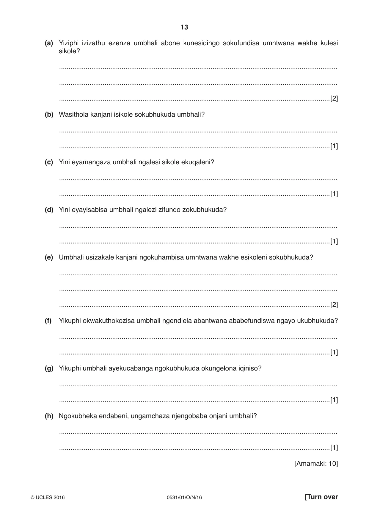 Cambridge IGCSE IsiZulu as a Second Language 0531 2016 Oct/Nov Paper 1 · Variant 1 question paper, page 13 of 20