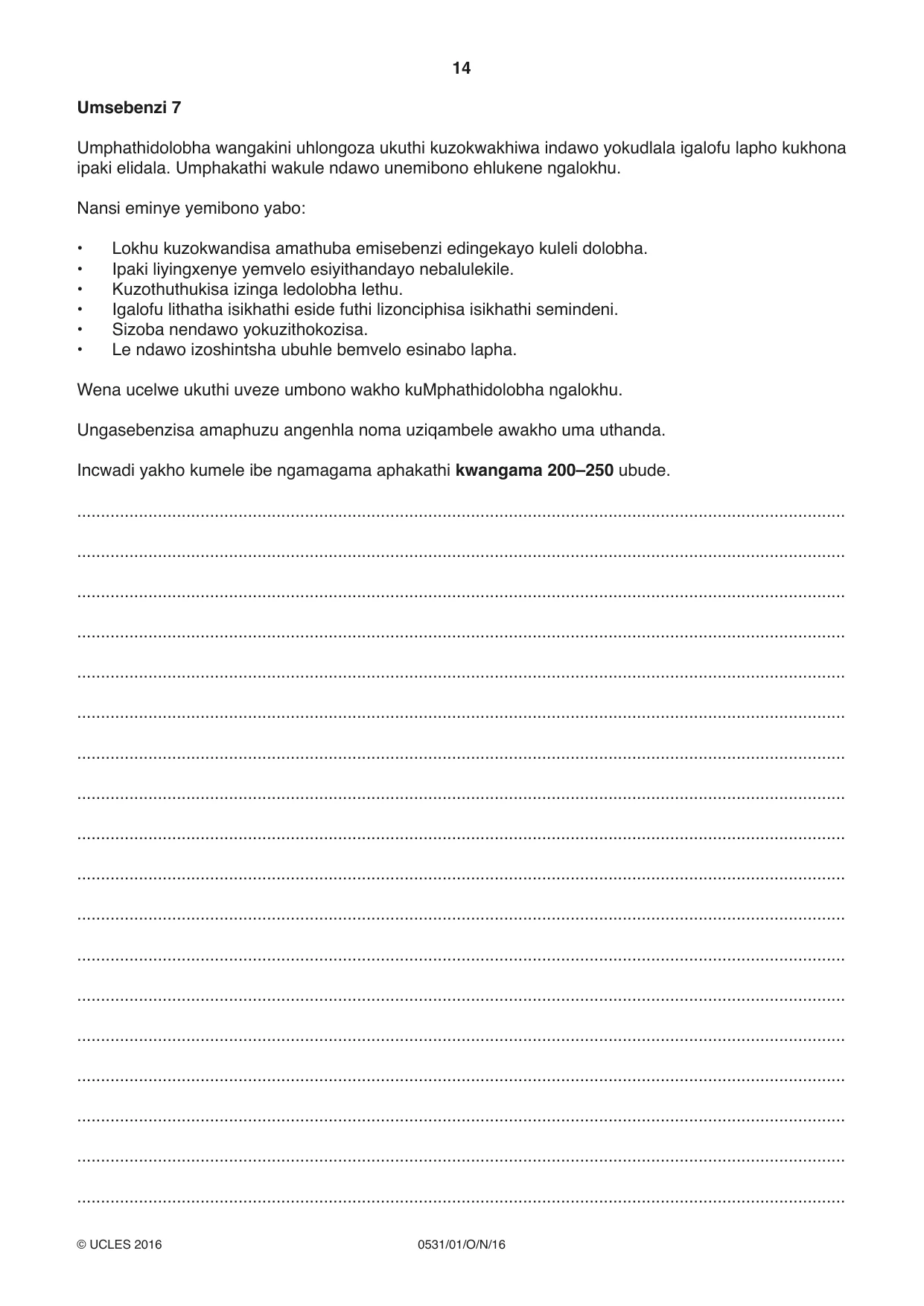 Cambridge IGCSE IsiZulu as a Second Language 0531 2016 Oct/Nov Paper 1 · Variant 1 question paper, page 14 of 20