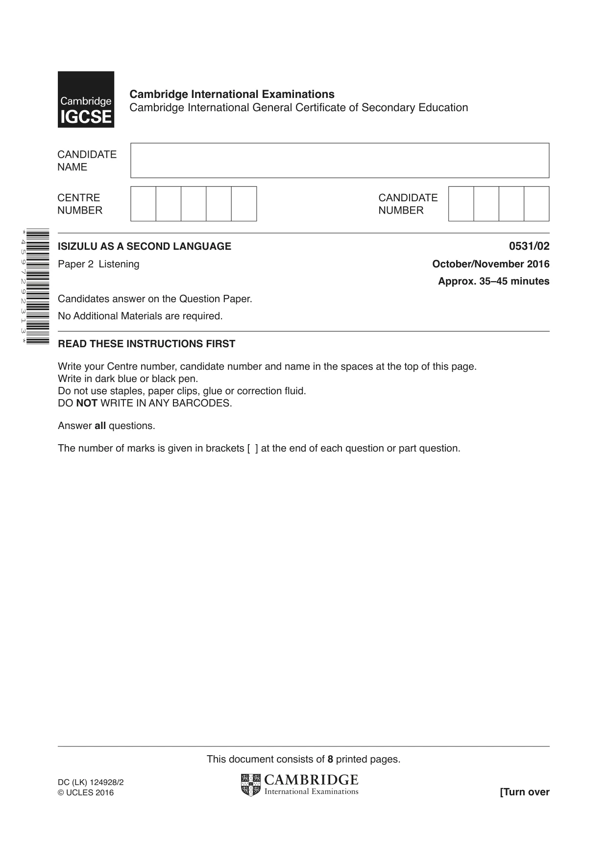 Cambridge IGCSE IsiZulu as a Second Language 0531 2016 Oct/Nov Paper 2 · Variant 1 question paper, page 1 of 8