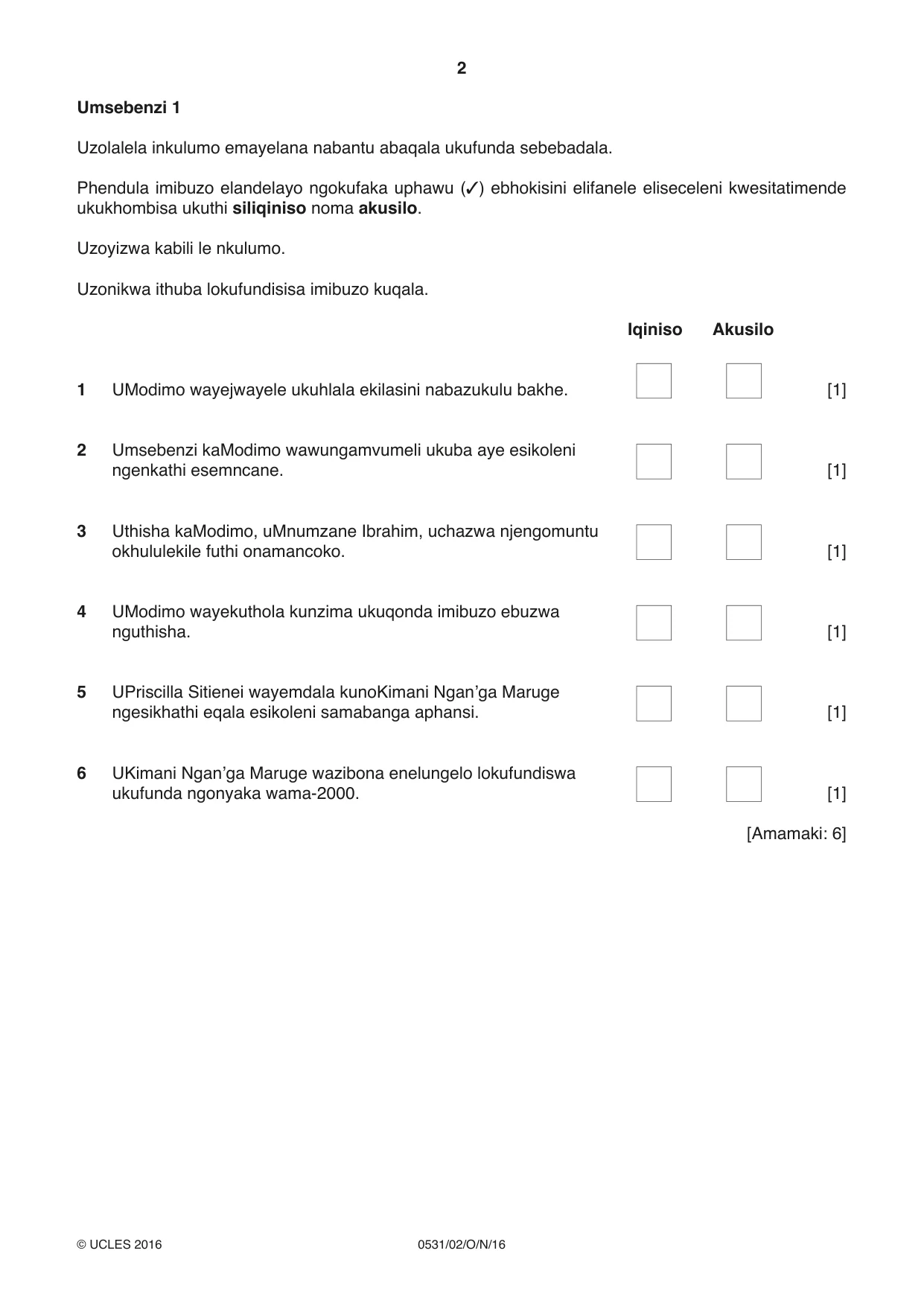 Cambridge IGCSE IsiZulu as a Second Language 0531 2016 Oct/Nov Paper 2 · Variant 1 question paper, page 2 of 8
