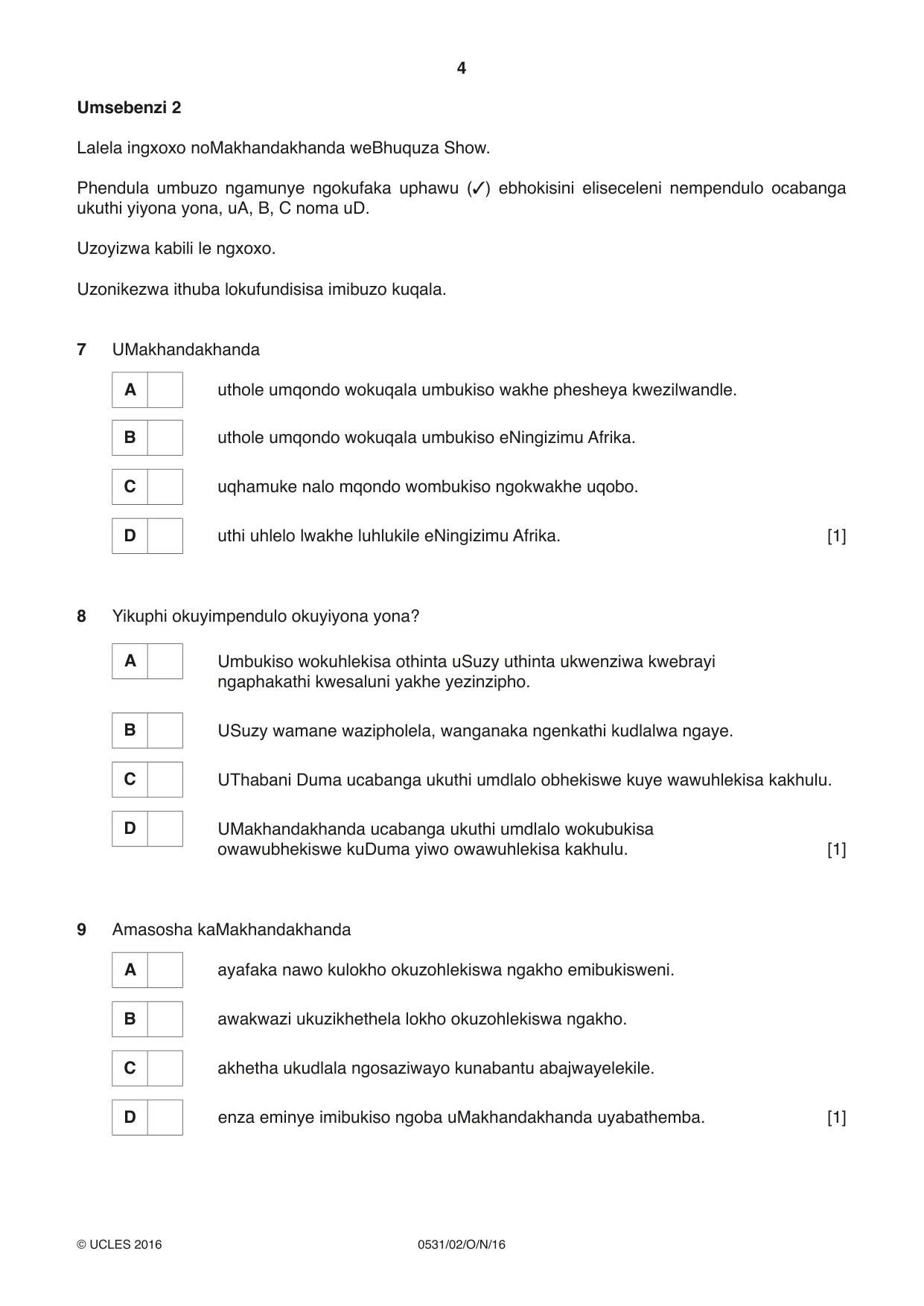 Cambridge IGCSE IsiZulu as a Second Language 0531 2016 Oct/Nov Paper 2 · Variant 1 question paper, page 4 of 8