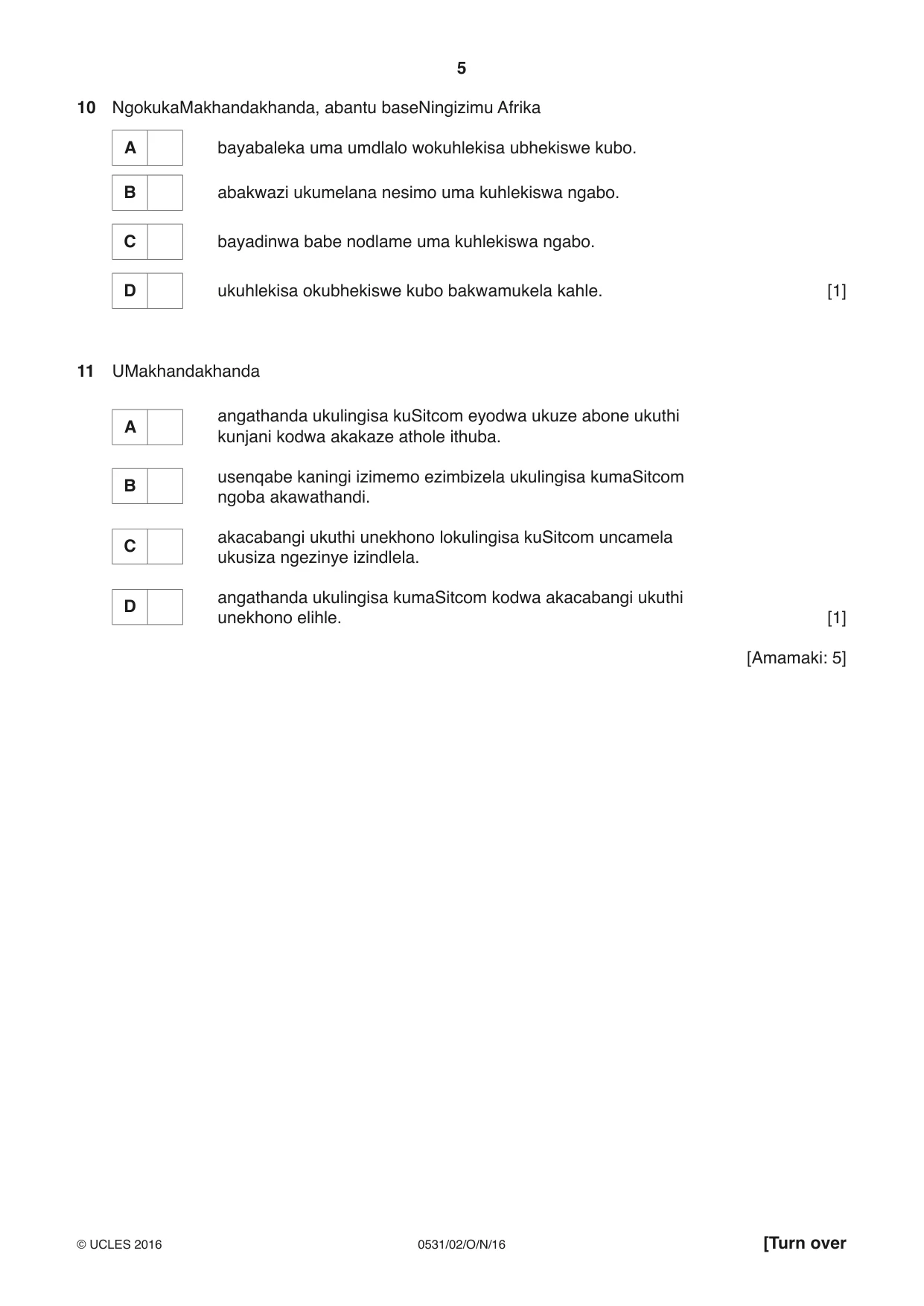 Cambridge IGCSE IsiZulu as a Second Language 0531 2016 Oct/Nov Paper 2 · Variant 1 question paper, page 5 of 8