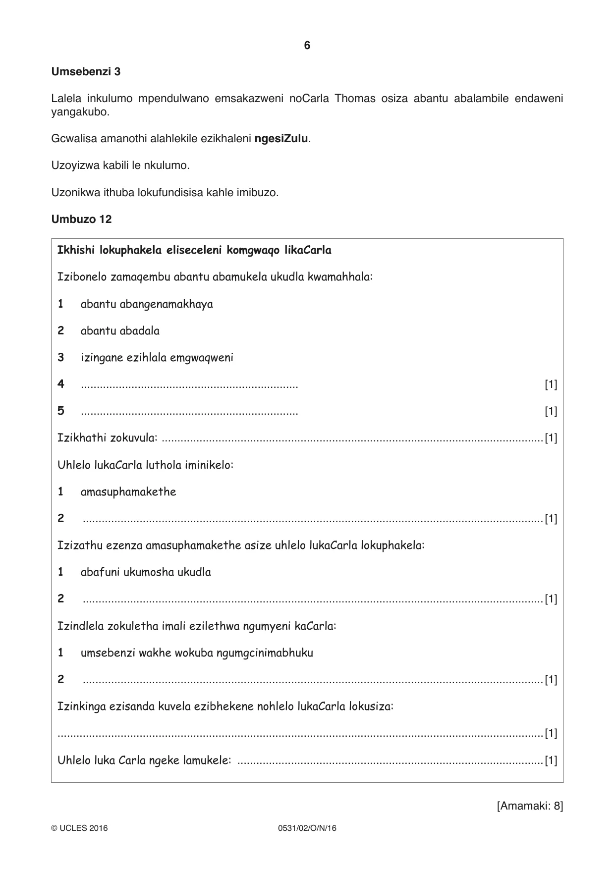Cambridge IGCSE IsiZulu as a Second Language 0531 2016 Oct/Nov Paper 2 · Variant 1 question paper, page 6 of 8