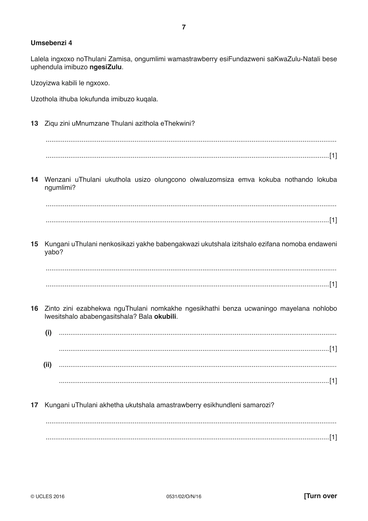 Cambridge IGCSE IsiZulu as a Second Language 0531 2016 Oct/Nov Paper 2 · Variant 1 question paper, page 7 of 8