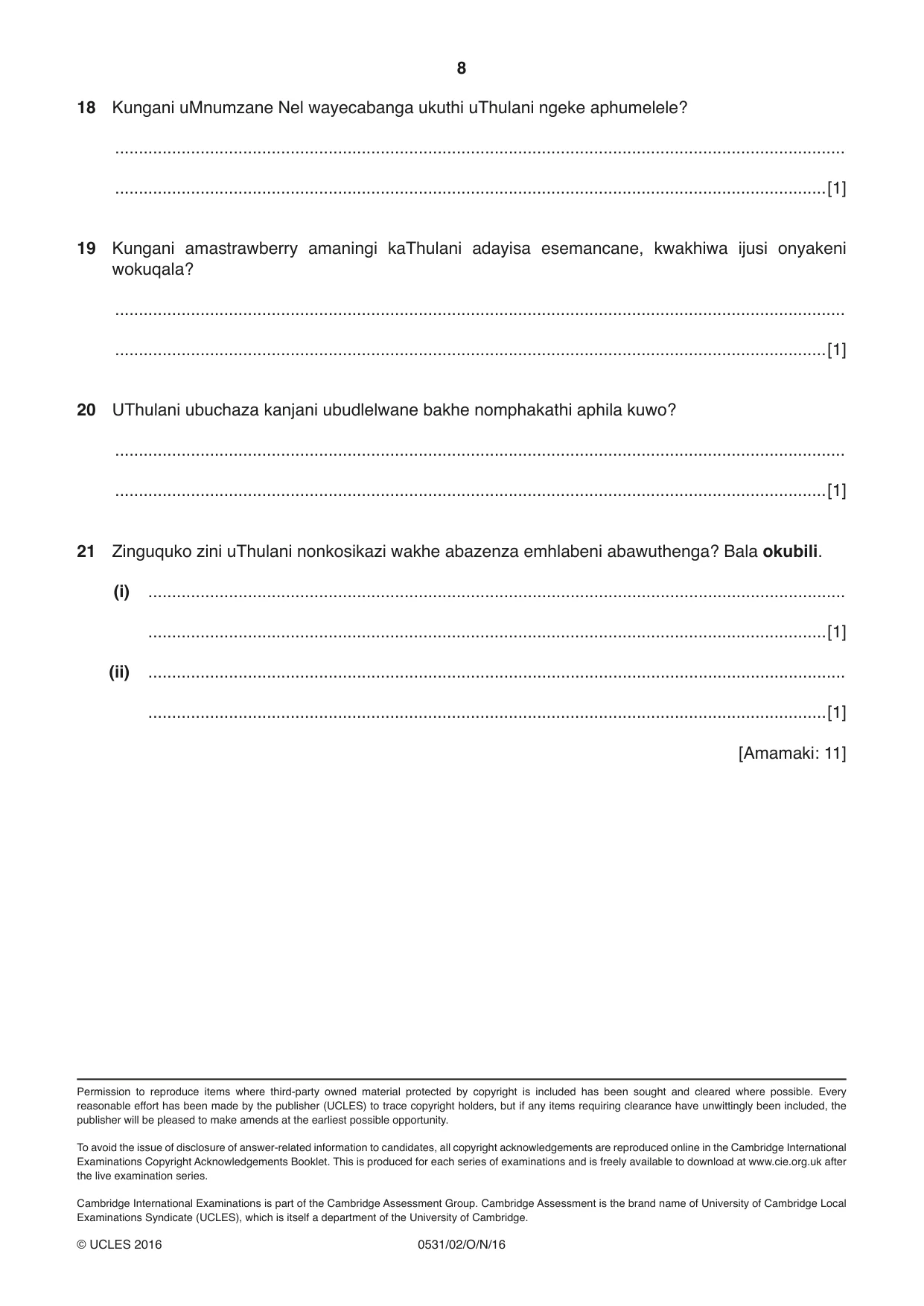 Cambridge IGCSE IsiZulu as a Second Language 0531 2016 Oct/Nov Paper 2 · Variant 1 question paper, page 8 of 8