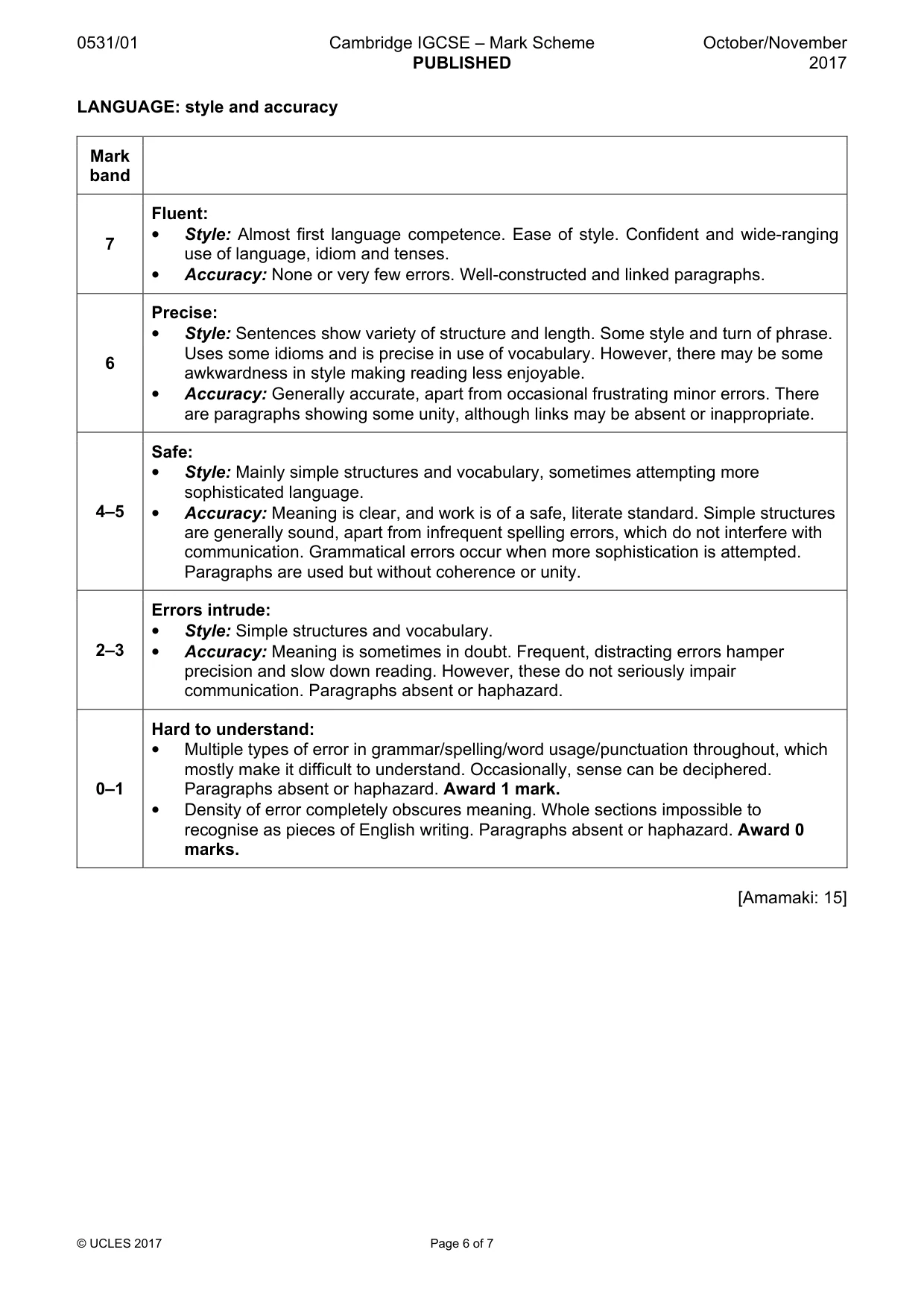 Mark scheme, page 6 of 7