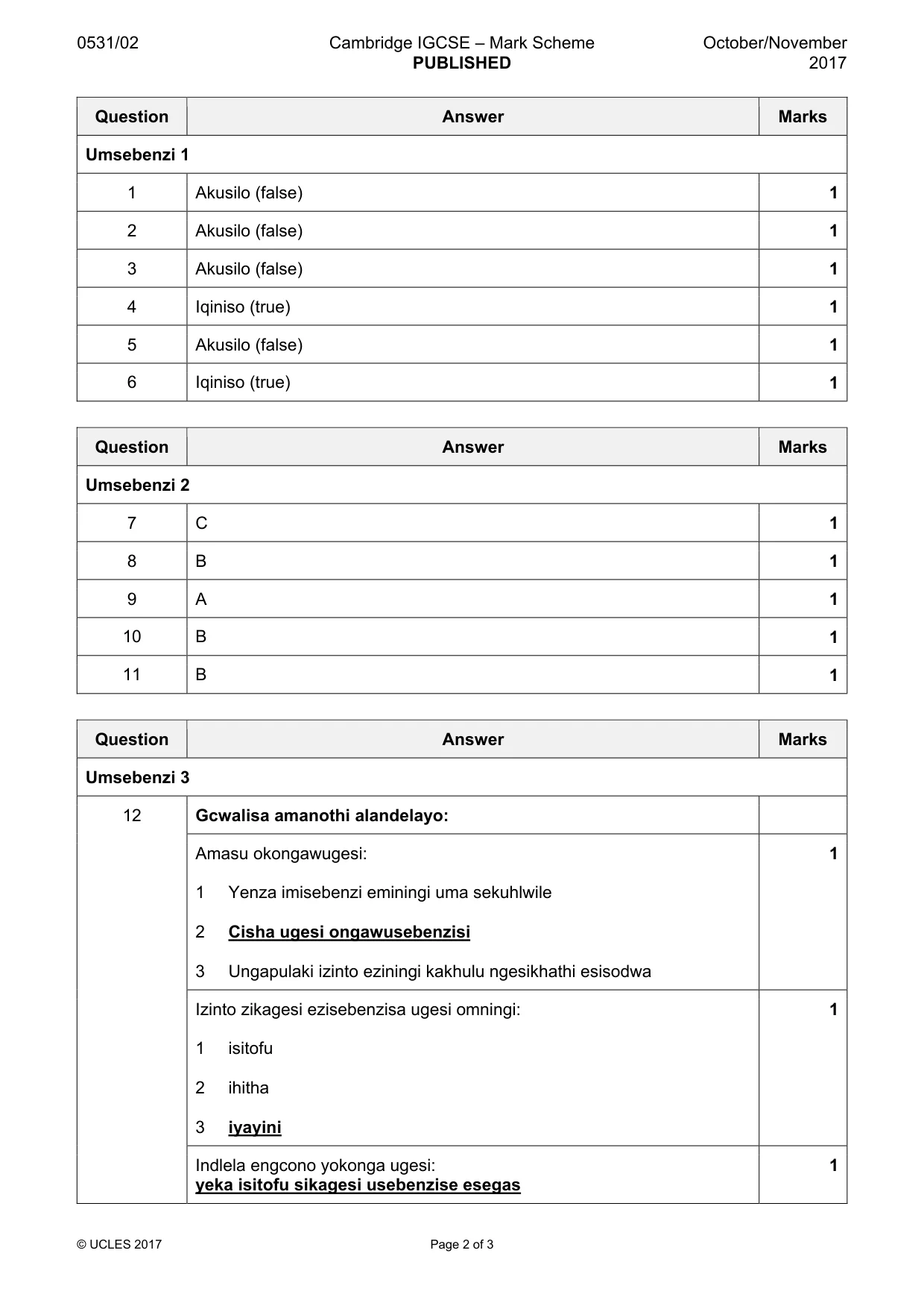 Mark scheme, page 2 of 3