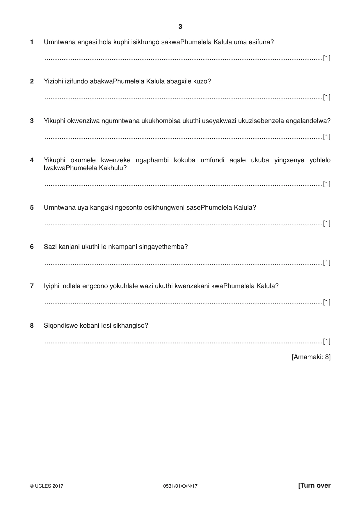 Cambridge IGCSE IsiZulu as a Second Language 0531 2017 Oct/Nov Paper 1 · Variant 1 question paper, page 3 of 20