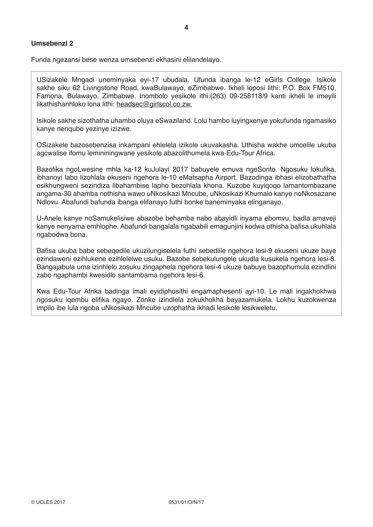 Cambridge IGCSE IsiZulu as a Second Language 0531 2017 Oct/Nov Paper 1 · Variant 1 question paper, page 4 of 20