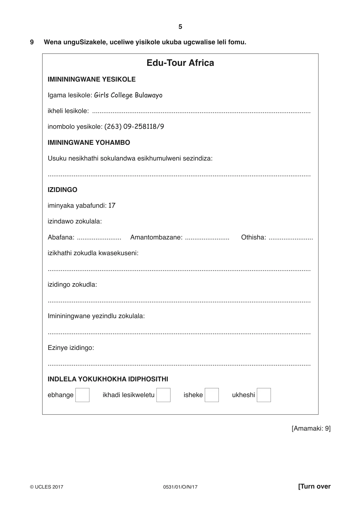 Cambridge IGCSE IsiZulu as a Second Language 0531 2017 Oct/Nov Paper 1 · Variant 1 question paper, page 5 of 20