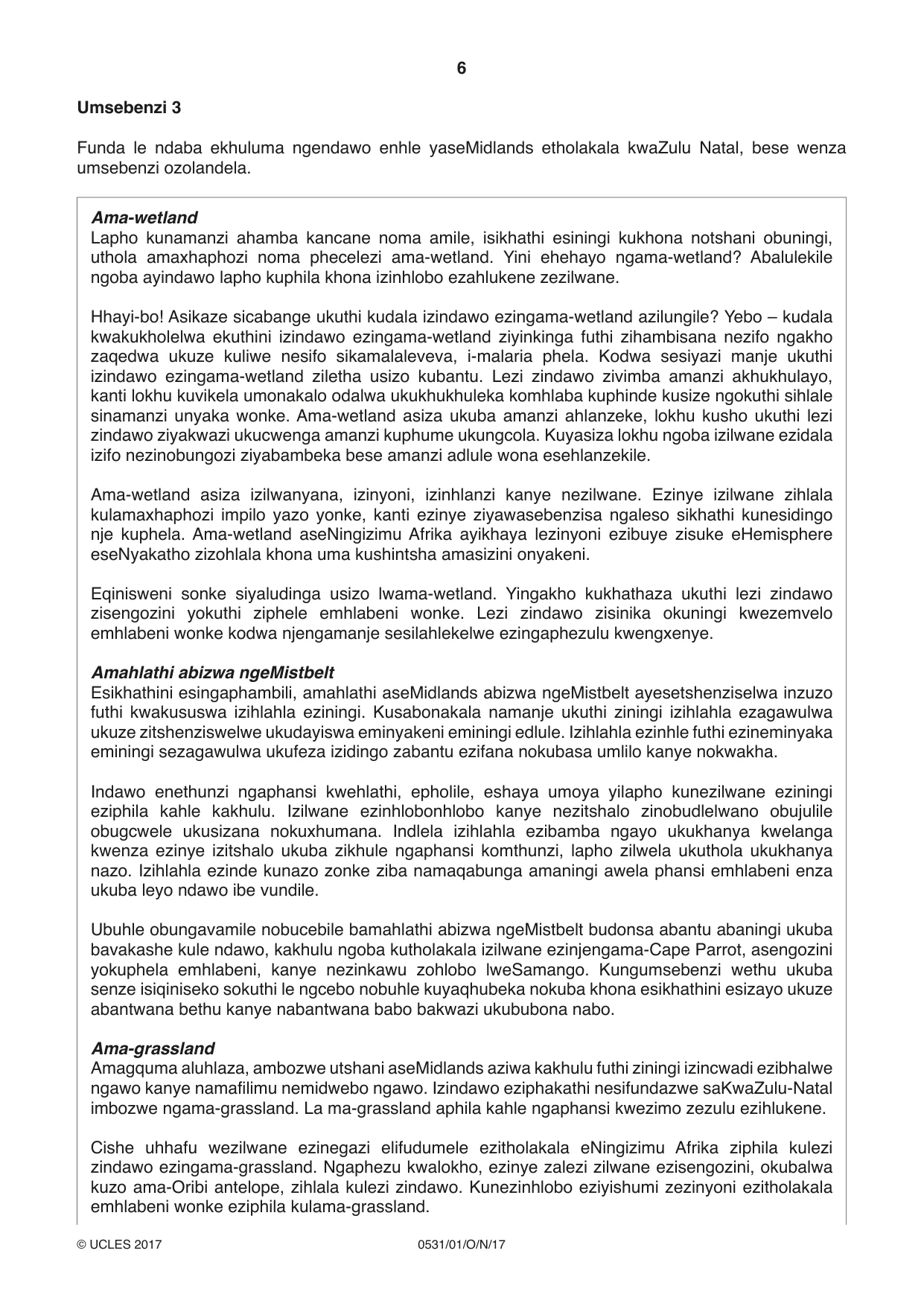Cambridge IGCSE IsiZulu as a Second Language 0531 2017 Oct/Nov Paper 1 · Variant 1 question paper, page 6 of 20