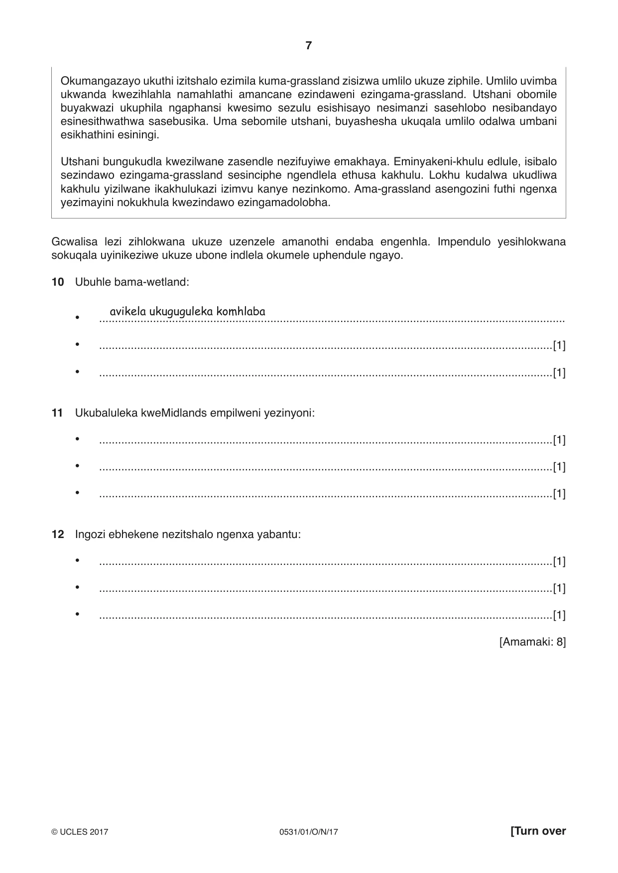 Cambridge IGCSE IsiZulu as a Second Language 0531 2017 Oct/Nov Paper 1 · Variant 1 question paper, page 7 of 20