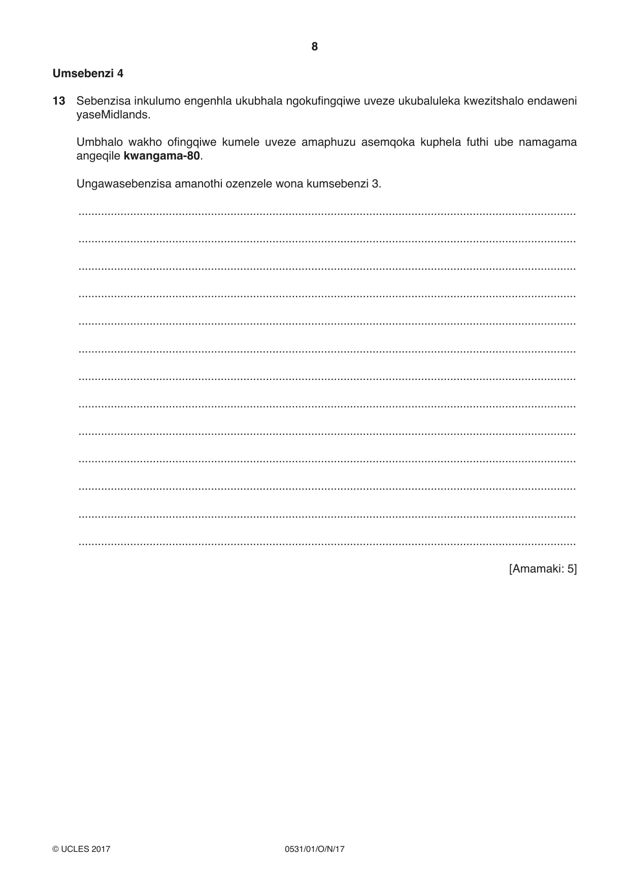 Cambridge IGCSE IsiZulu as a Second Language 0531 2017 Oct/Nov Paper 1 · Variant 1 question paper, page 8 of 20