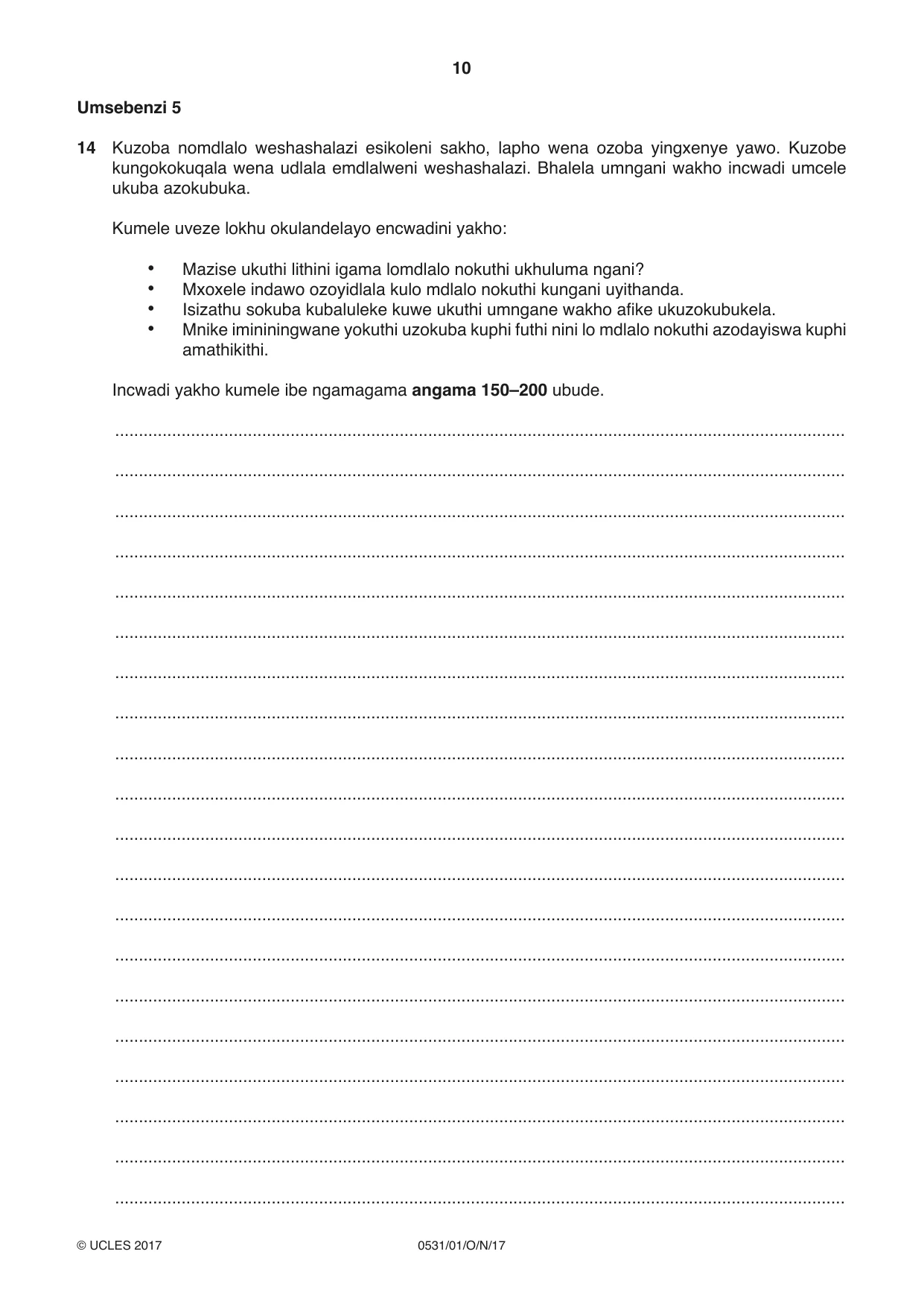 Cambridge IGCSE IsiZulu as a Second Language 0531 2017 Oct/Nov Paper 1 · Variant 1 question paper, page 10 of 20