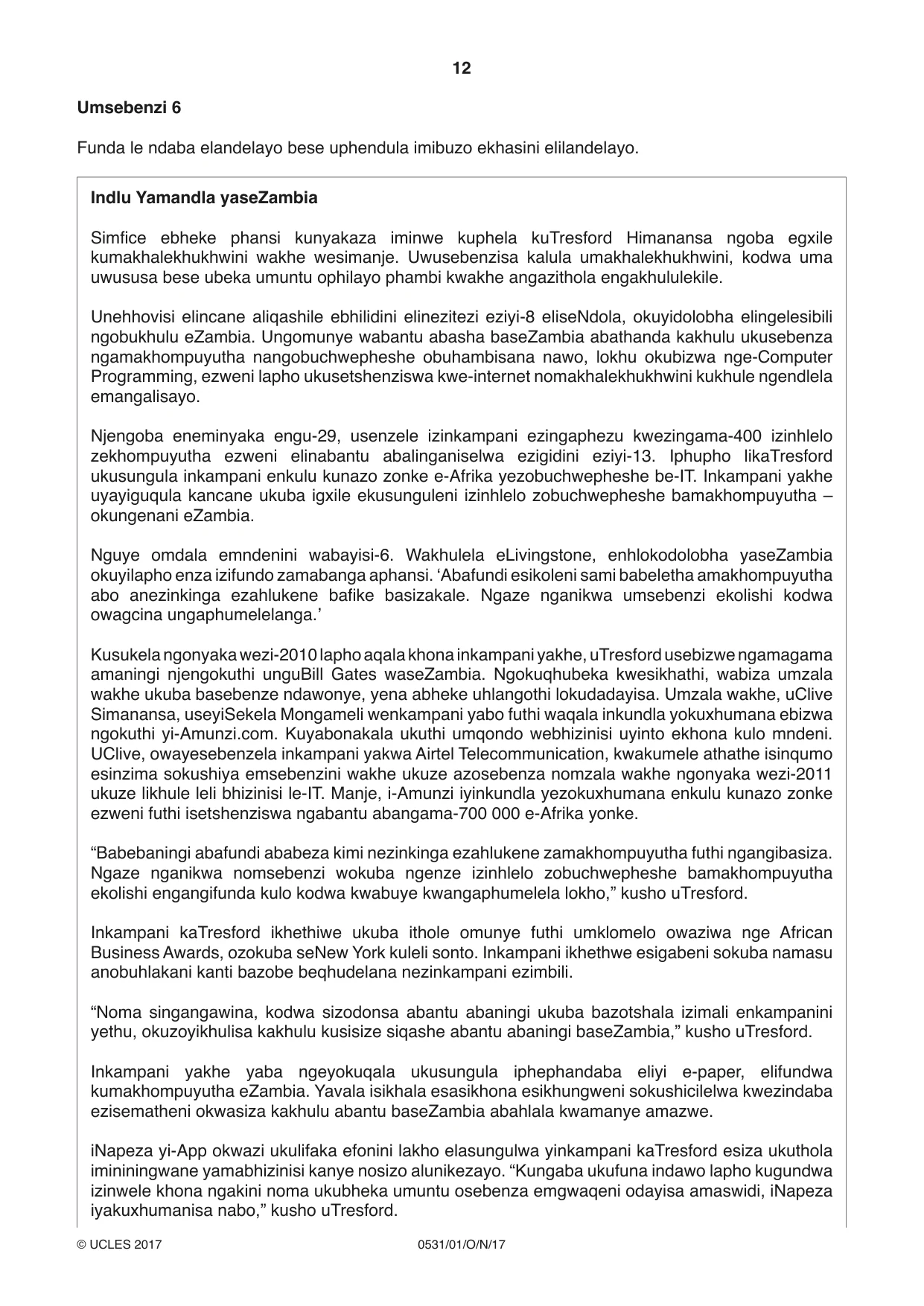 Cambridge IGCSE IsiZulu as a Second Language 0531 2017 Oct/Nov Paper 1 · Variant 1 question paper, page 12 of 20