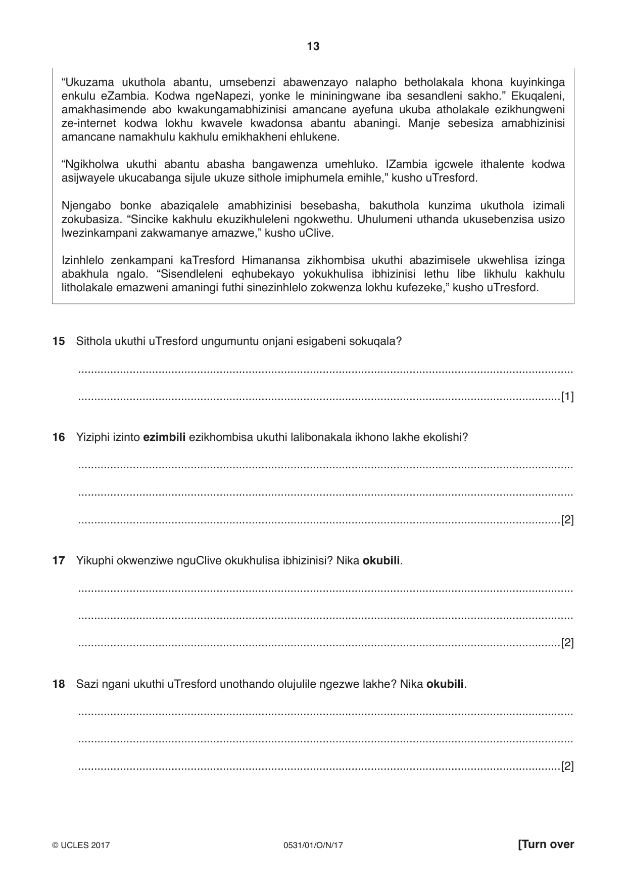 Cambridge IGCSE IsiZulu as a Second Language 0531 2017 Oct/Nov Paper 1 · Variant 1 question paper, page 13 of 20
