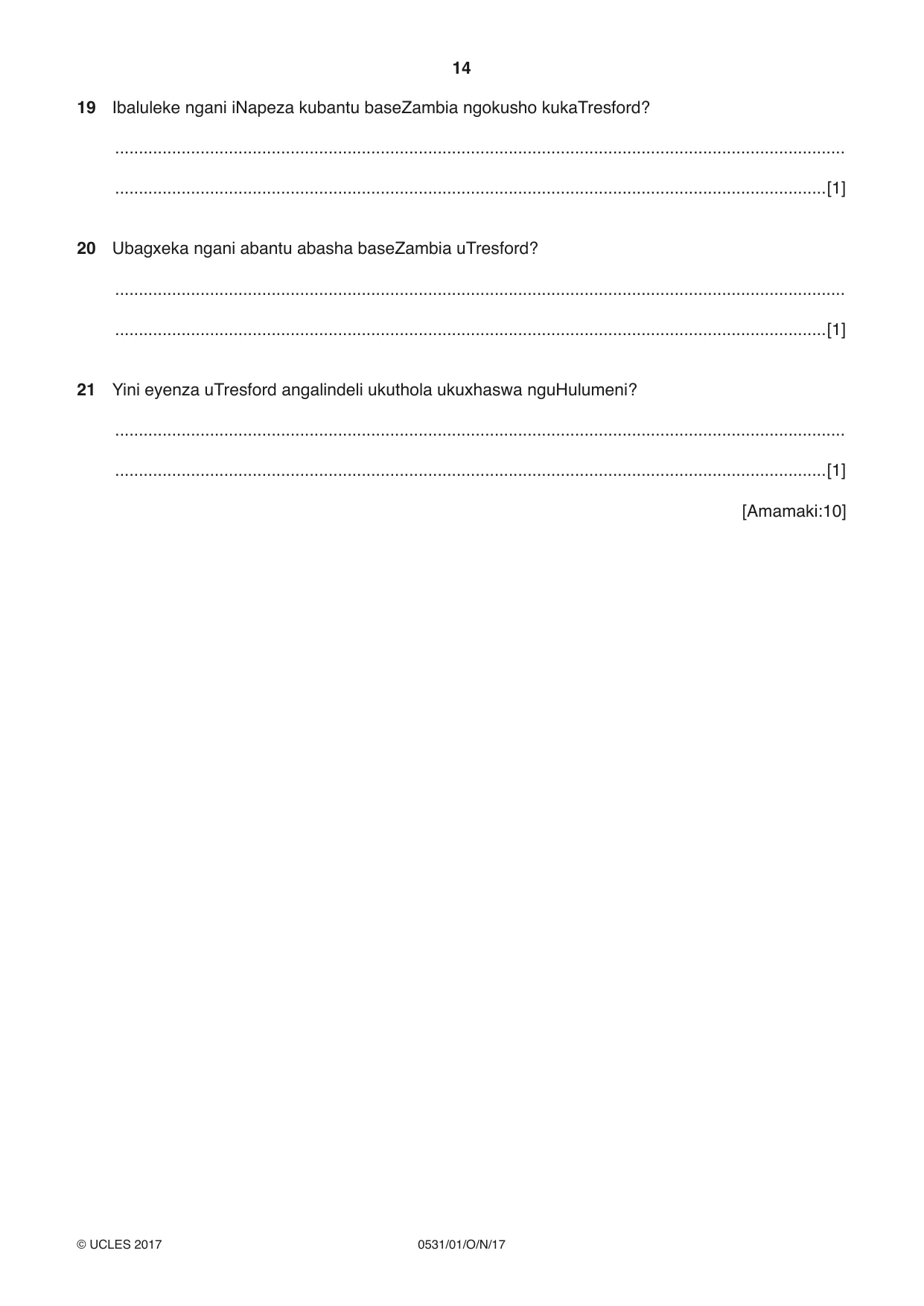 Cambridge IGCSE IsiZulu as a Second Language 0531 2017 Oct/Nov Paper 1 · Variant 1 question paper, page 14 of 20
