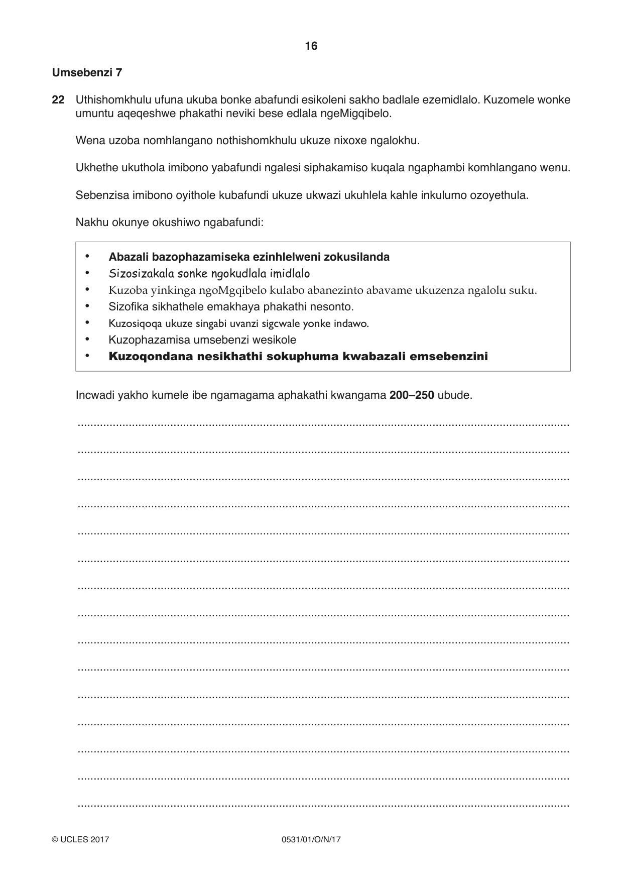 Cambridge IGCSE IsiZulu as a Second Language 0531 2017 Oct/Nov Paper 1 · Variant 1 question paper, page 16 of 20