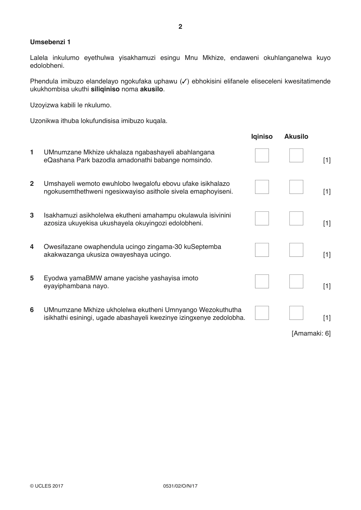 Cambridge IGCSE IsiZulu as a Second Language 0531 2017 Oct/Nov Paper 2 · Variant 1 question paper, page 2 of 8