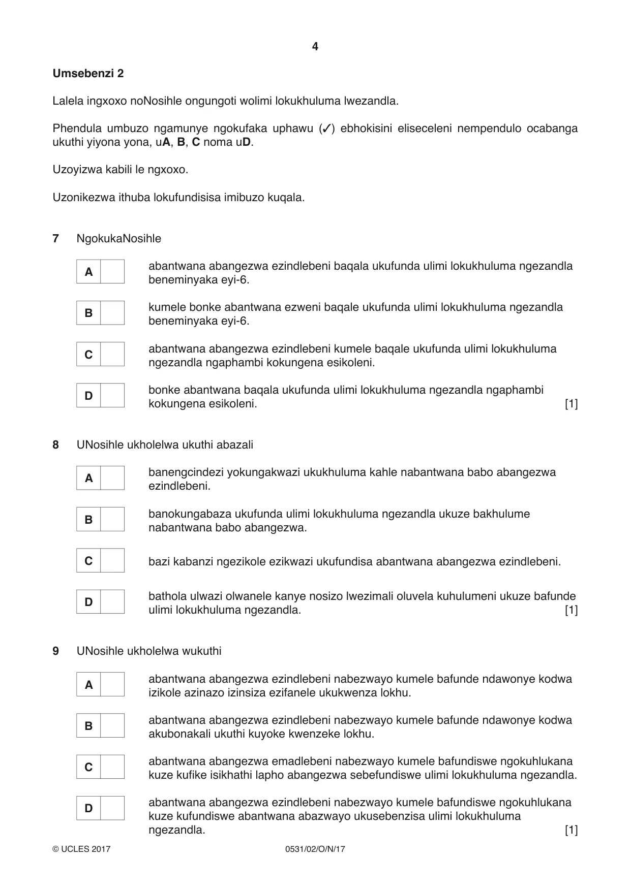 Cambridge IGCSE IsiZulu as a Second Language 0531 2017 Oct/Nov Paper 2 · Variant 1 question paper, page 4 of 8