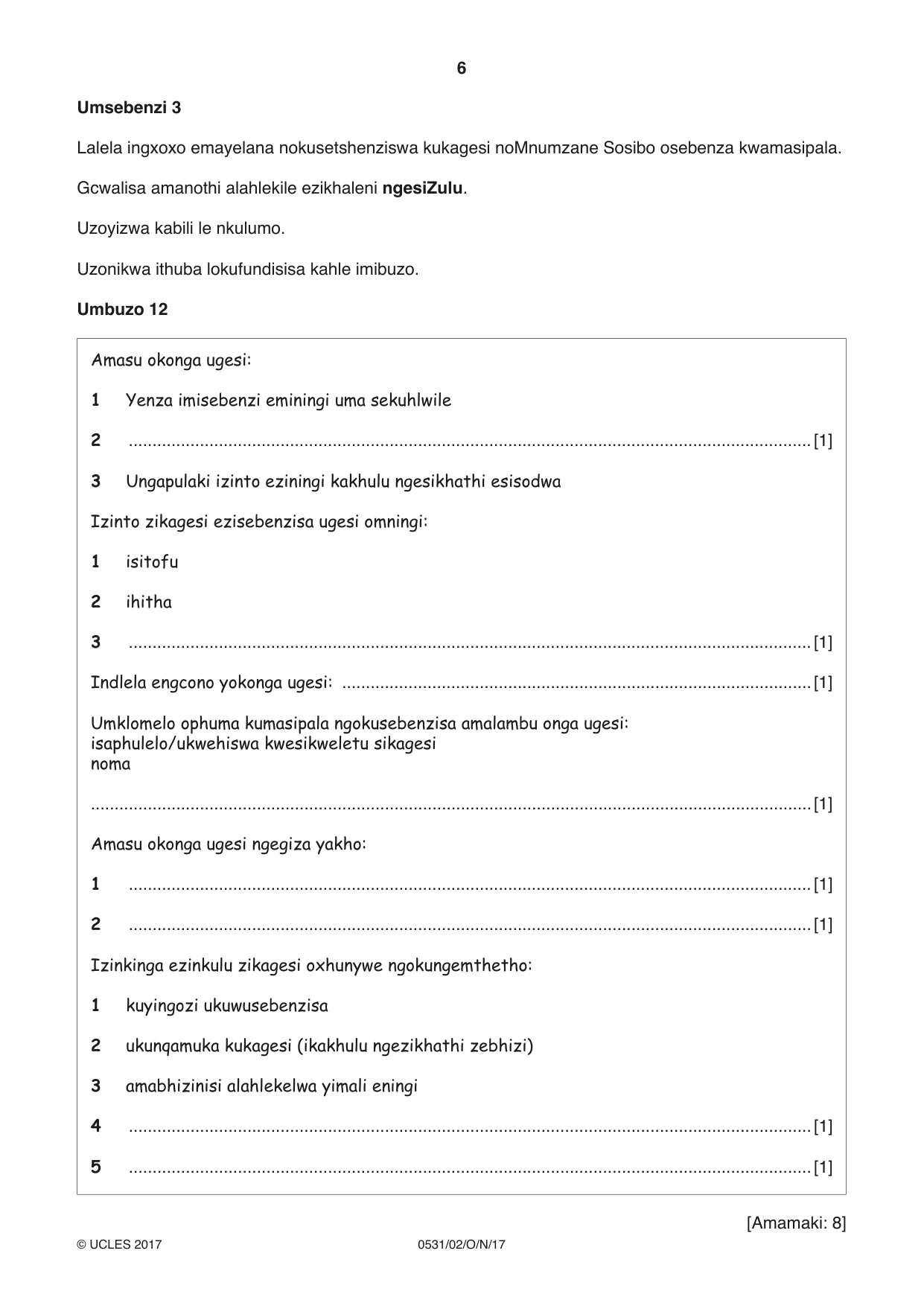 Cambridge IGCSE IsiZulu as a Second Language 0531 2017 Oct/Nov Paper 2 · Variant 1 question paper, page 6 of 8