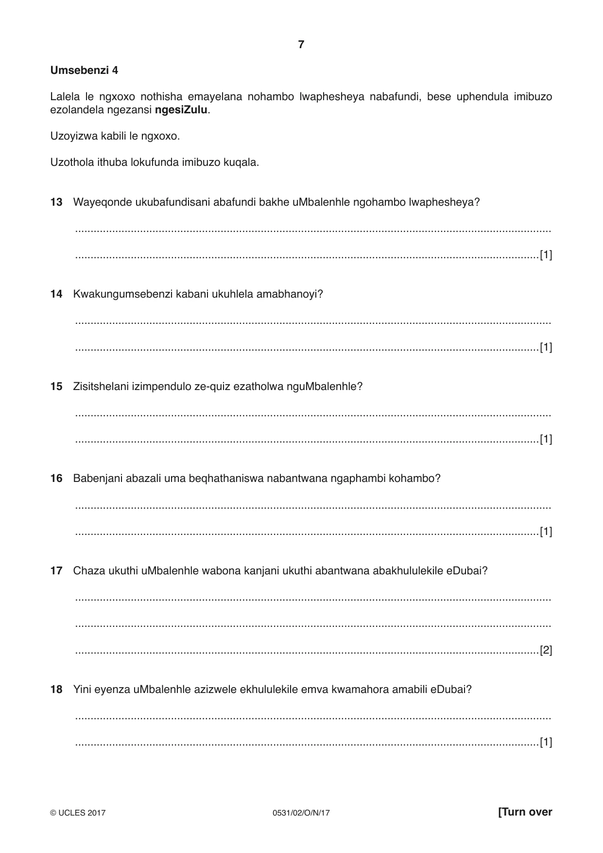 Cambridge IGCSE IsiZulu as a Second Language 0531 2017 Oct/Nov Paper 2 · Variant 1 question paper, page 7 of 8
