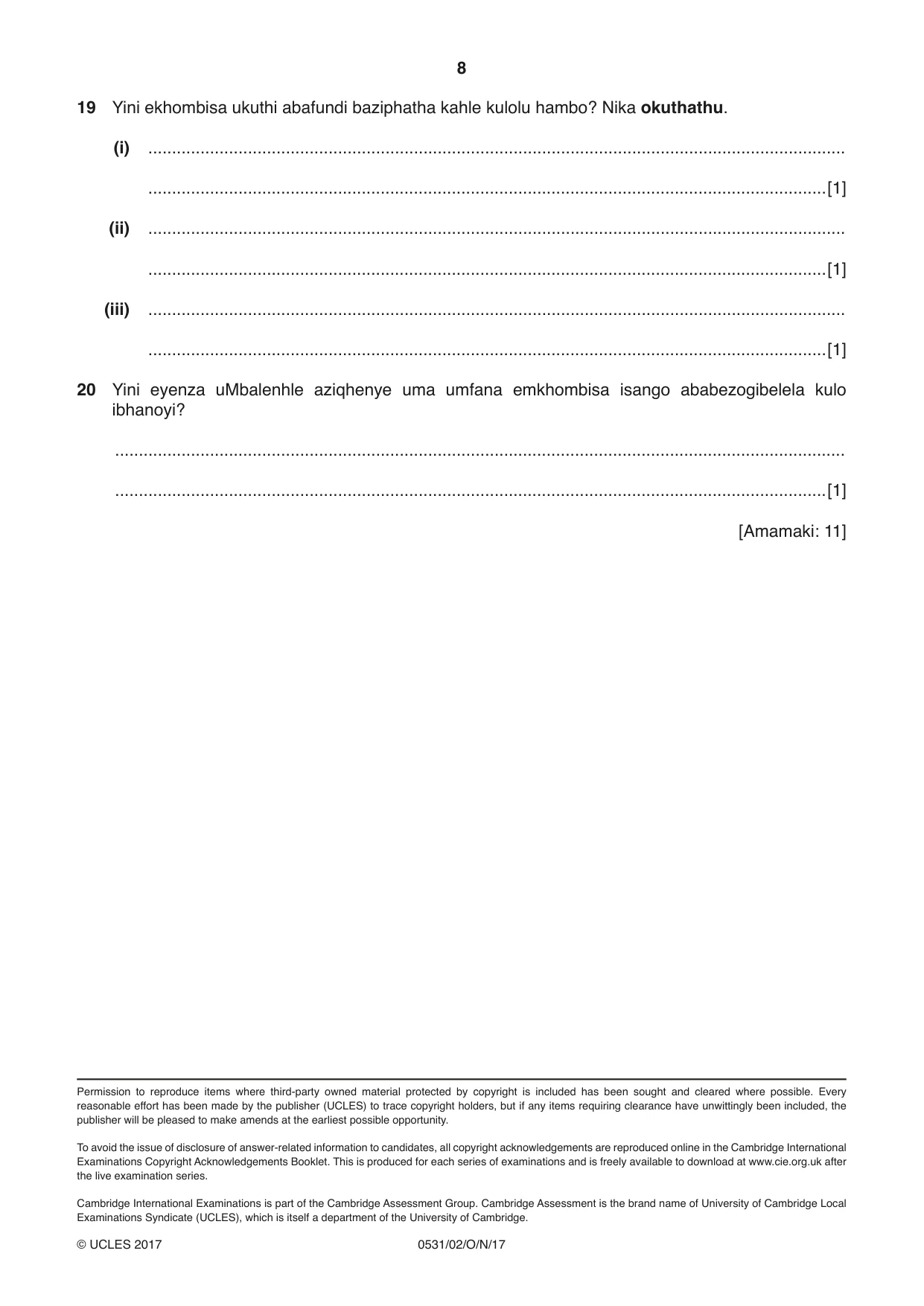 Cambridge IGCSE IsiZulu as a Second Language 0531 2017 Oct/Nov Paper 2 · Variant 1 question paper, page 8 of 8