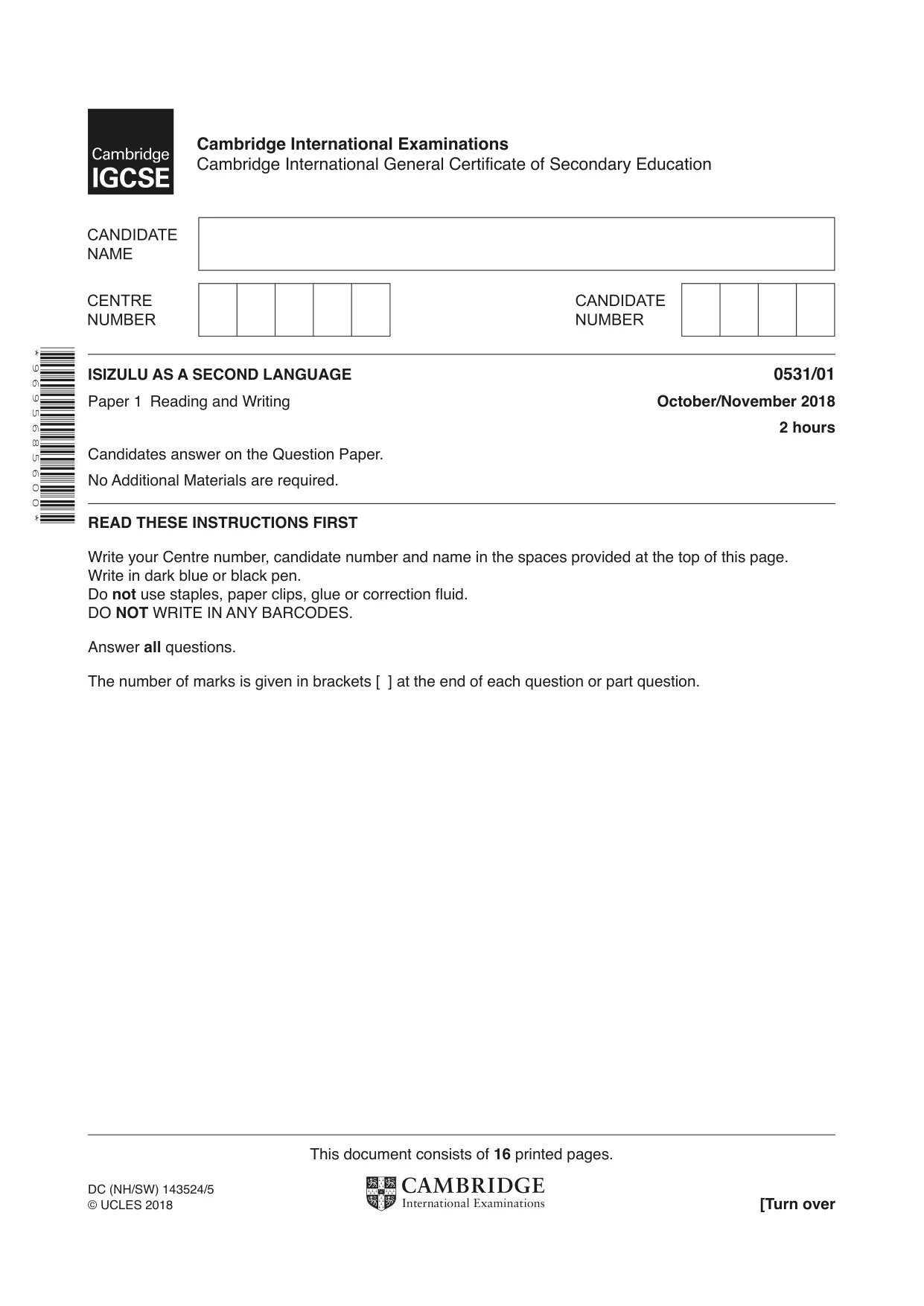 Cambridge IGCSE IsiZulu as a Second Language 0531 2018 Oct/Nov Paper 1 · Variant 0 question paper, page 1 of 16