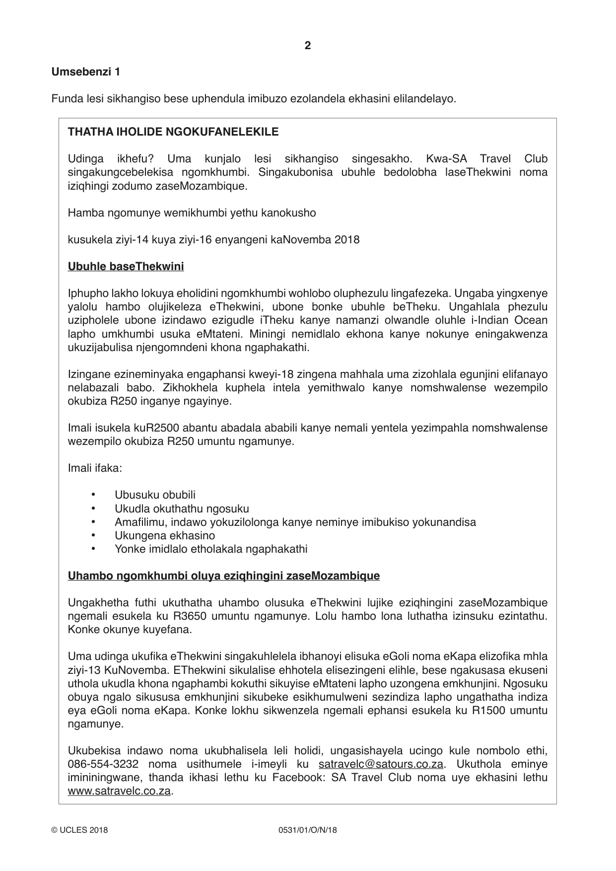 Cambridge IGCSE IsiZulu as a Second Language 0531 2018 Oct/Nov Paper 1 · Variant 0 question paper, page 2 of 16