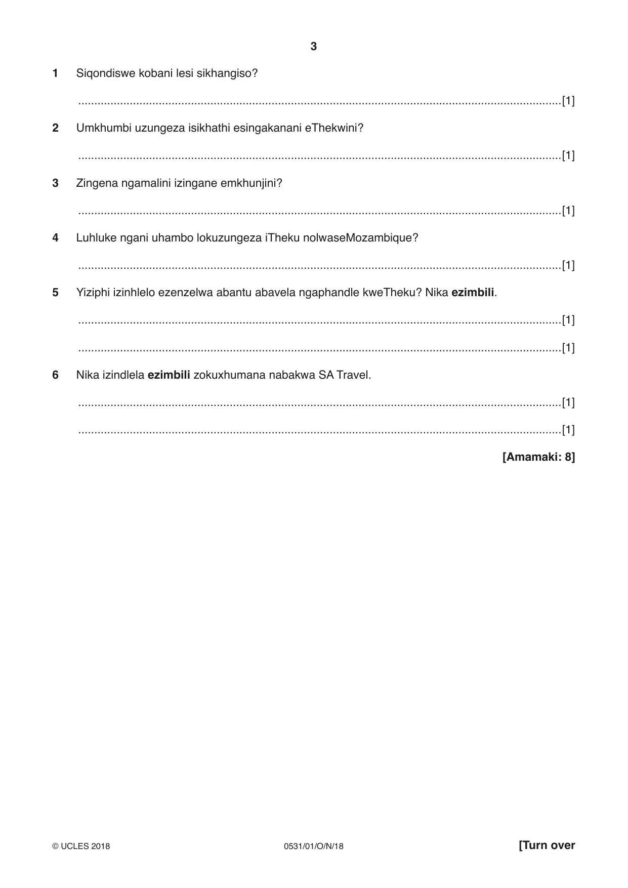 Cambridge IGCSE IsiZulu as a Second Language 0531 2018 Oct/Nov Paper 1 · Variant 0 question paper, page 3 of 16