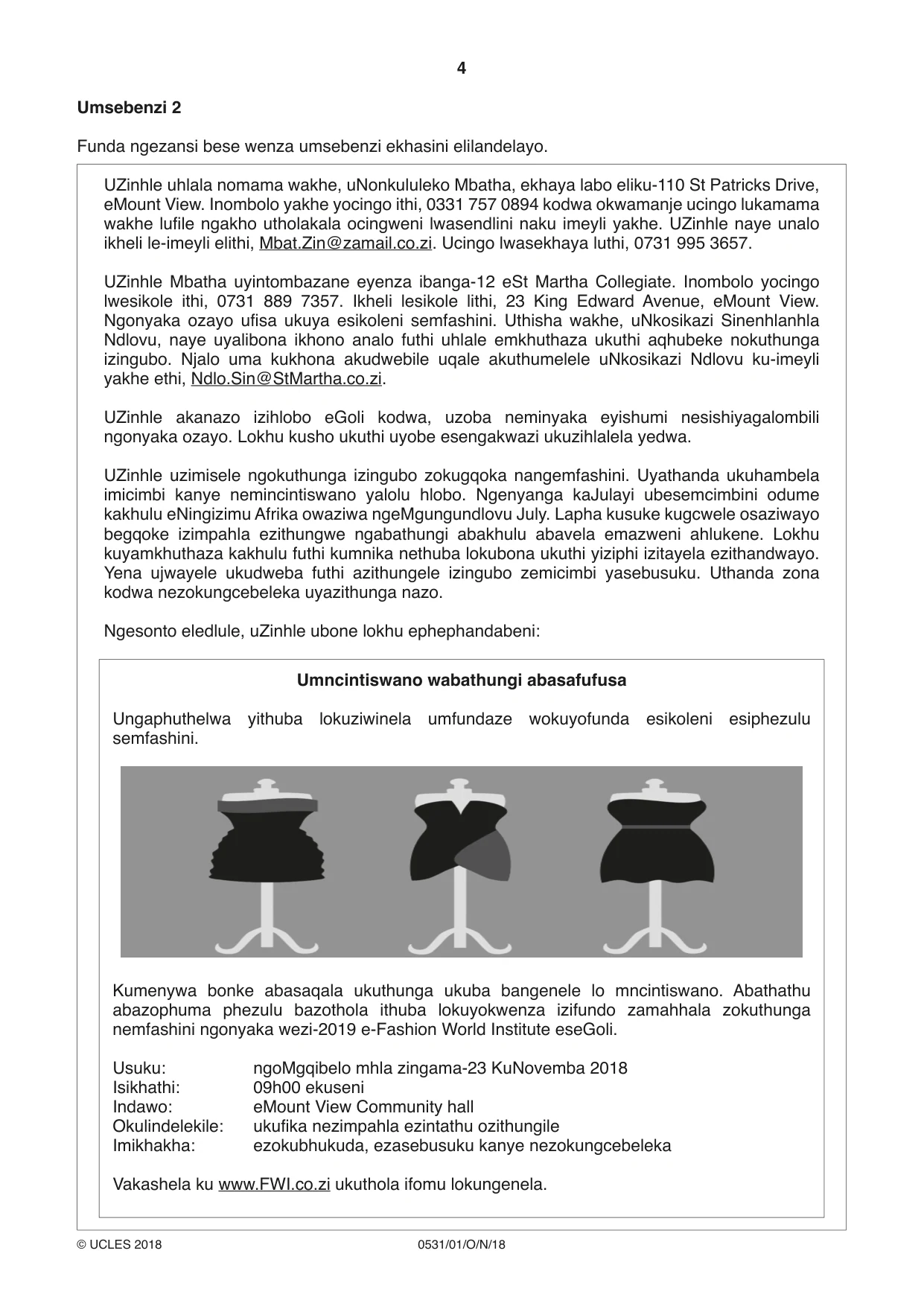 Cambridge IGCSE IsiZulu as a Second Language 0531 2018 Oct/Nov Paper 1 · Variant 0 question paper, page 4 of 16