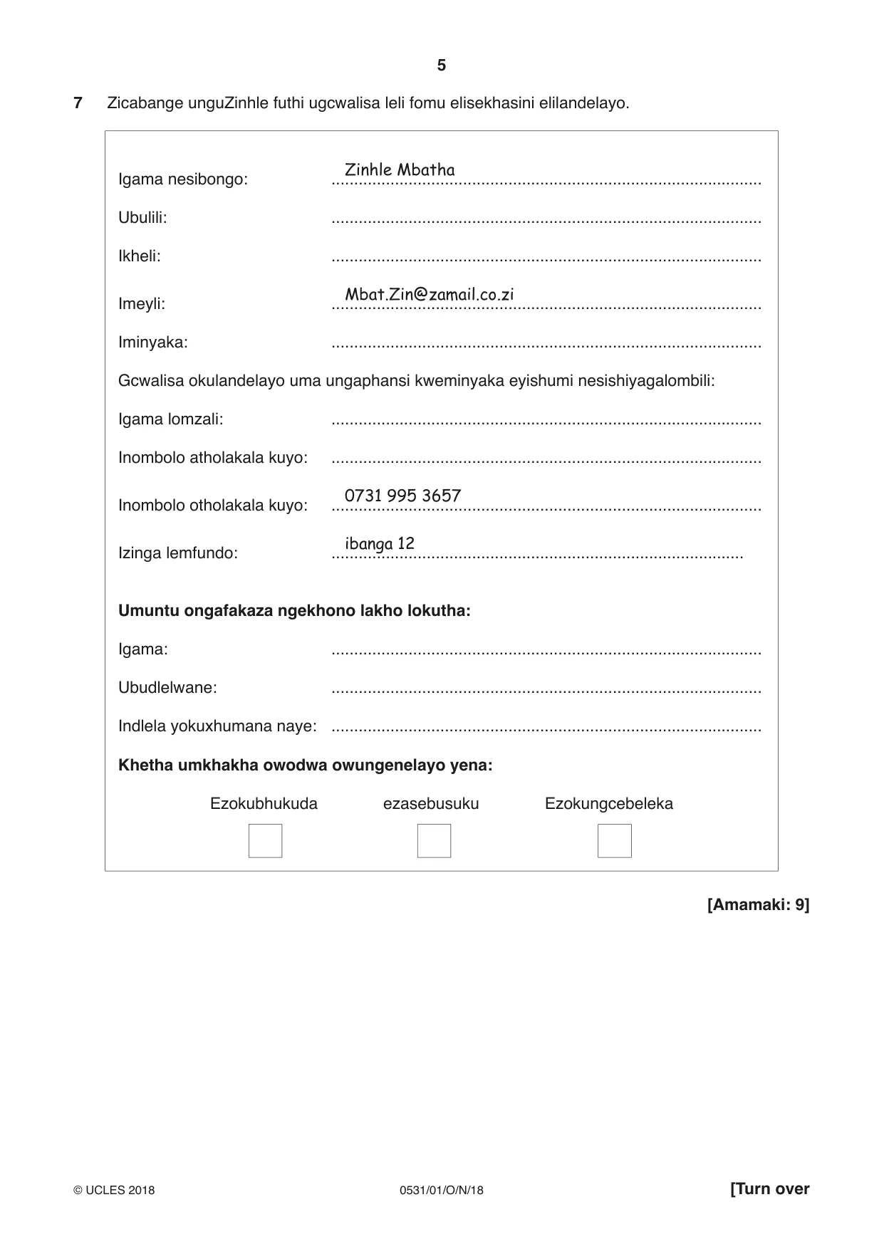 Cambridge IGCSE IsiZulu as a Second Language 0531 2018 Oct/Nov Paper 1 · Variant 0 question paper, page 5 of 16
