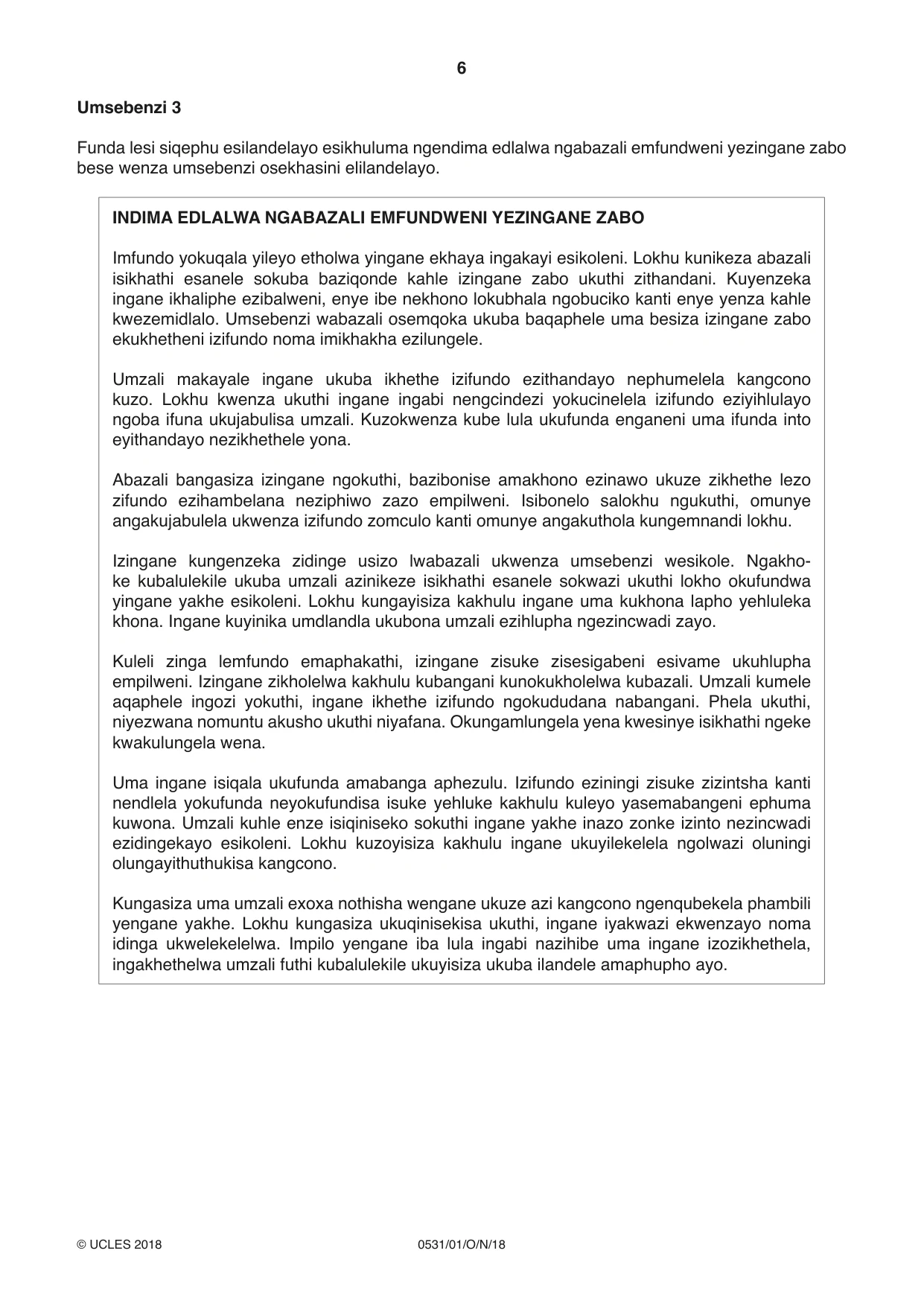 Cambridge IGCSE IsiZulu as a Second Language 0531 2018 Oct/Nov Paper 1 · Variant 0 question paper, page 6 of 16