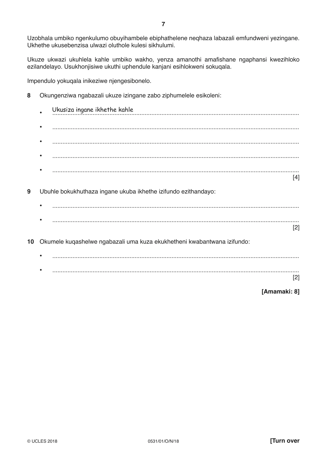 Cambridge IGCSE IsiZulu as a Second Language 0531 2018 Oct/Nov Paper 1 · Variant 0 question paper, page 7 of 16